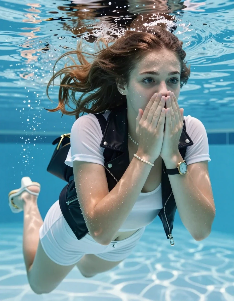 photo of young woman, in soaking wet, drenched clothes,
Heels, White mini , Black biker leatherjacket , tight sexy tshirt with wide neckline belly free, shoulderbag, pearl necklace, bracelet, wristwatch , Swimming underwater in swimming pool, only head is visible over surface, 
enjoying, wet clothes stuck to body,
detailed textures of the wet clothes, wet face, wet plastered hair,
wet, drenched, professional, high-quality details, full body view.
sharp focus, ultra-high pixel detail, realistic, high-quality, full colors, incredibly detailed, 4k, 8k, 16k, hyper-realistic, RAW photo, masterpiece, ultra-detailed, professionally color graded, professional photograph, sleek long straight hair 

15 years old  teenage girl

Covers her nose with her hands. Looking slightly away. Open mouth, big eyes.

she is completely underwater up to her neck, afraid and astonished expression. 

Swimming movements with Arms and legs. Breast swimming.

her submerged clothes are hardly vusible under water, she soaked her handbag into the water

close up view, wet skin, wet clothes, wet hair, damp fabric, water runs down the clothes, wet skin, wet clothes, damp fabric, wet skin, wet clothes, damp fabric, wet skin, wet clothes, damp fabric, wet skin, wet clothes, damp fabric, wet skin, wet clothes, damp fabric, wet skin, wet clothes, damp fabric, wet skin, wet clothes, damp fabric, wet skin, wet clothes, damp fabric, wet skin, wet clothes, damp fabric, wet skin, wet clothes, damp fabric, wet skin, wet clothes, damp fabric, wet skin, wet clothes, damp fabric, wet skin, wet clothes, damp fabric, wet skin, wet clothes, damp fabric, wet skin, wet clothes, damp fabric, wet skin, wet clothes, damp fabric, wet skin, wet clothes, damp fabric, wet skin, wet clothes, damp fabric, wet skin, wet clothes, damp fabric, wet skin, wet clothes, damp fabric, wet skin, wet clothes, damp fabric, wet skin, wet clothes, damp fabric, wet skin, wet clothes, damp fabric, wet skin, wet clothes, damp fabric