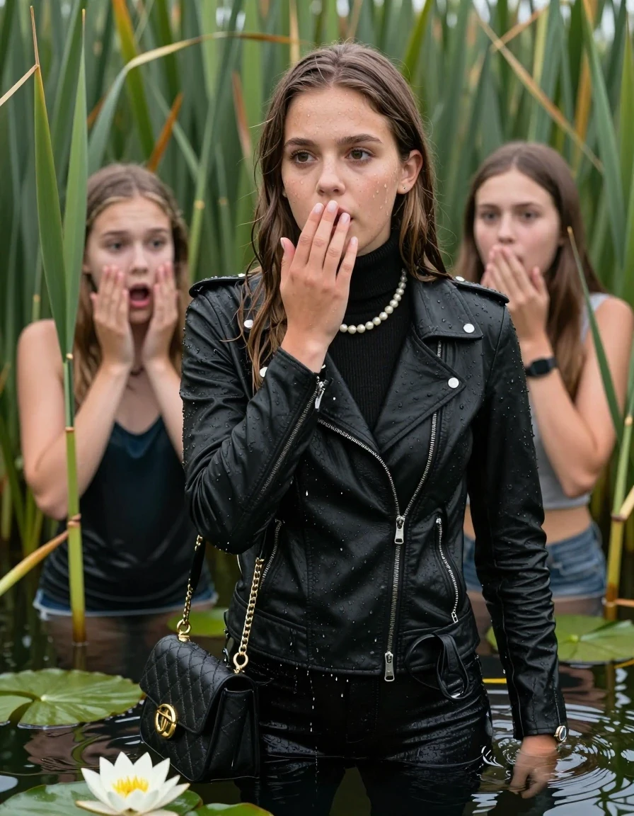 photo of young woman, in soaking wet, drenched clothes,
, , Black biker leatherjacket, tight turtleneck sweater with wide neckline belly free, handbag, pearl necklace, bracelet, wristwatch , Two 15-years-old teenage girls Emerging after diving at the surface in a lake with water lilies and reeds, 
enjoying, wet clothes stuck to body,
detailed textures of the wet clothes, wet face, wet plastered hair,
wet, drenched, professional, high-quality details, full body view.
sharp focus, ultra-high pixel detail, realistic, high-quality, full colors, incredibly detailed, 4k, 8k, 16k, hyper-realistic, RAW photo, masterpiece, ultra-detailed, professionally color graded, professional photograph, Sleek long straight hair

15 years old  teenage girl.

Looking slightly away. Hold her hand on her mouth. Open mouth, big eyes.

she is completely underwater up to her neck, afraid and astonished expression. 

The girls wear different clothes.

She hides in the reeds and is surprised by spectators

her submerged clothes are hardly vusible under water, she soaked her handbag into the water

close up view, wet skin, wet clothes, wet hair, damp fabric, water runs down the clothes, wet skin, wet clothes, damp fabric., wet skin, wet clothes, damp fabric, wet skin, wet clothes, damp fabric