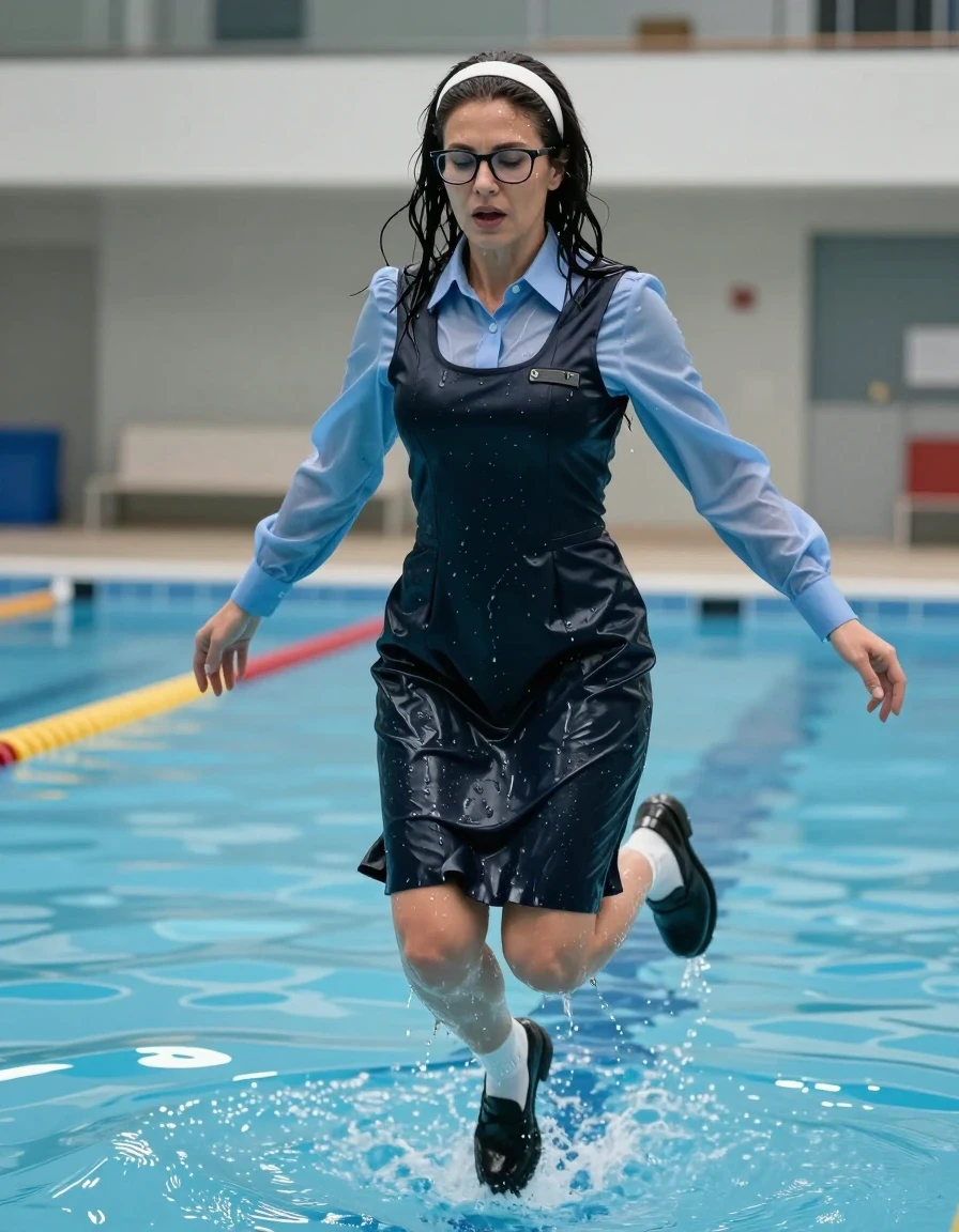 photo of young woman, in soaking wet, drenched clothes,
black shoes, white socks, school uniform with maxi black school tight dress with two pockets and blue shirt with long sleeves, school uniform with maxi black school tight dress with two pockets and blue shirt with long sleeves, jumping in swimming school pool, enjoying wet clothes stuck body, enjoying, wet clothes stuck to body, 
enjoying, wet clothes stuck to body,
detailed textures of the wet clothes, wet face, wet plastered hair,
wet, drenched, professional, high-quality details, full body view.
sharp focus, ultra-high pixel detail, realistic, high-quality, full colors, incredibly detailed, 4k, 8k, 16k, hyper-realistic, RAW photo, masterpiece, ultra-detailed, professionally color graded, professional photograph, europen brunette skinny woman 50 years old, long dark black hair, very big and thick lips,  office glasses, white headband, complete body, wet skin, wet clothes, damp fabric, wet skin, wet clothes, damp fabric, wet skin, wet clothes, damp fabric, wet skin, wet clothes, damp fabric, wet skin, wet clothes, damp fabric