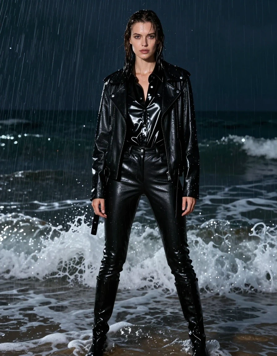 A photorealistic full-body shot of a young adult European woman standing in the ocean surf at night during a heavy rainstorm. She is wearing an oversize black vinyl button shirt with a high-gloss, slick, water-repellent finish, layered beneath a heavy black leather jacket that is dripping with rain. She wears long, tight black leather pants and knee-length black leather boots. The clothing is visibly drenched, with the leather and vinyl surfaces covered in a thick, reflective water sheen, glistening under ambient moonlight. The fabric clings to her form, showcasing realistic wet folds, heavy weighted textures, and cascading rivulets of water. Her hair is plastered to her skin and soaked, with water droplets running down her face. The scene is set on a dark beach with crashing waves swirling around her boots and ankles. The atmosphere is intense, sharp, and highly detailed, captured with a professional wide-angle lens, crisp focus, high dynamic range, and realistic lighting that highlights the wet, reflective surfaces of the clothing and the crashing sea foam.