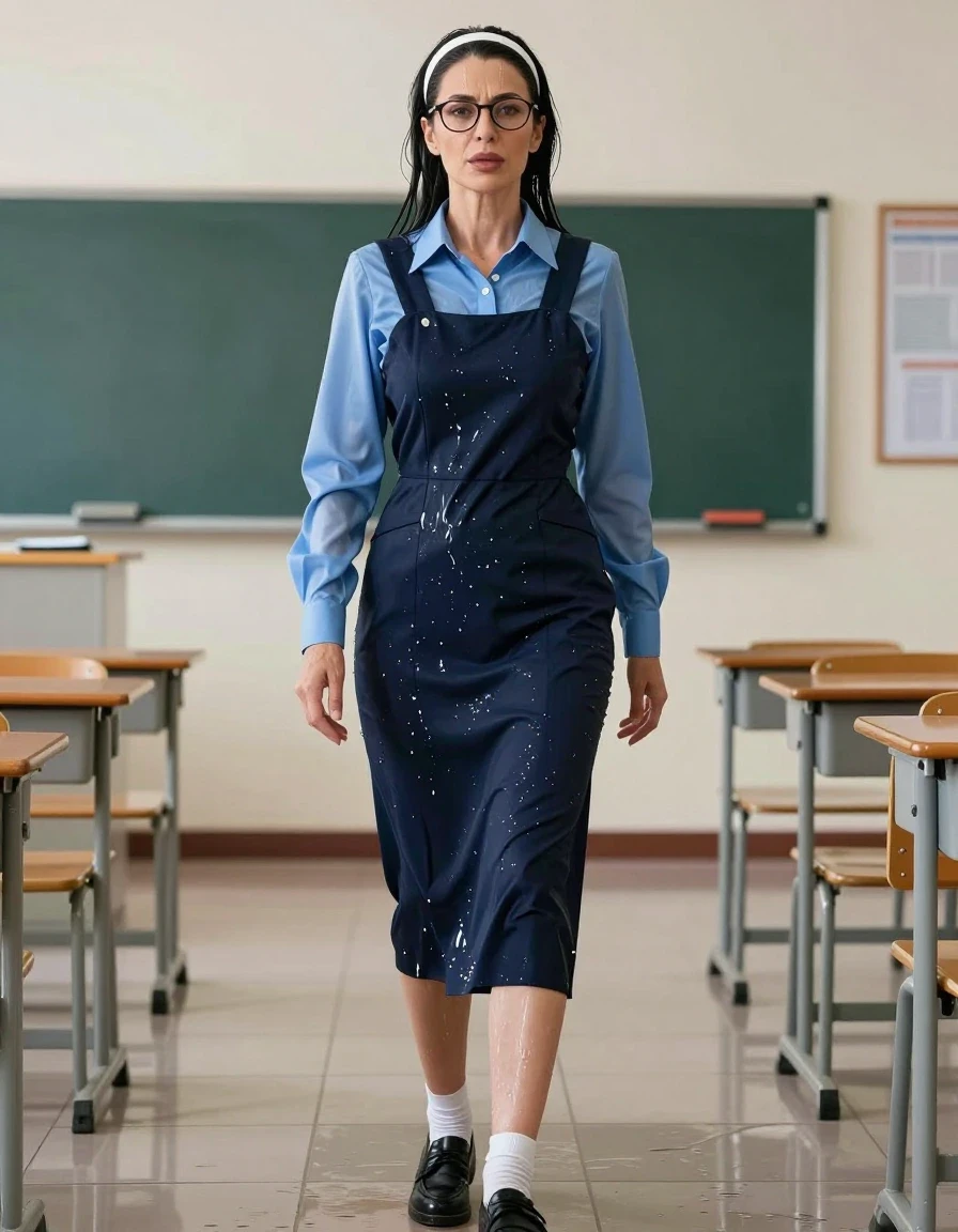 photo of young woman, in soaking wet, drenched clothes,
black shoes, white socks, school uniform with maxi dark blue school tight dress with two pockets and blue shirt with long sleeves, school uniform with maxi dark blue school tight dress with two pockets and blue shirt with long sleeves, after swimming in classroom, enjoying wet clothes stuck body, enjoying, wet clothes stuck to body, 
enjoying, wet clothes stuck to body,
detailed textures of the wet clothes, wet face, wet plastered hair,
wet, drenched, professional, high-quality details, full body view.
sharp focus, ultra-high pixel detail, realistic, high-quality, full colors, incredibly detailed, 4k, 8k, 16k, hyper-realistic, RAW photo, masterpiece, ultra-detailed, professionally color graded, professional photograph, europen brunette skinny woman 50 years old, long dark black hair, very big and thick lips,  office glasses, white headband, complete body, wet skin, wet clothes, damp fabric, wet skin, wet clothes, damp fabric, wet skin, wet clothes, damp fabric, wet skin, wet clothes, damp fabric, wet skin, wet clothes, damp fabric