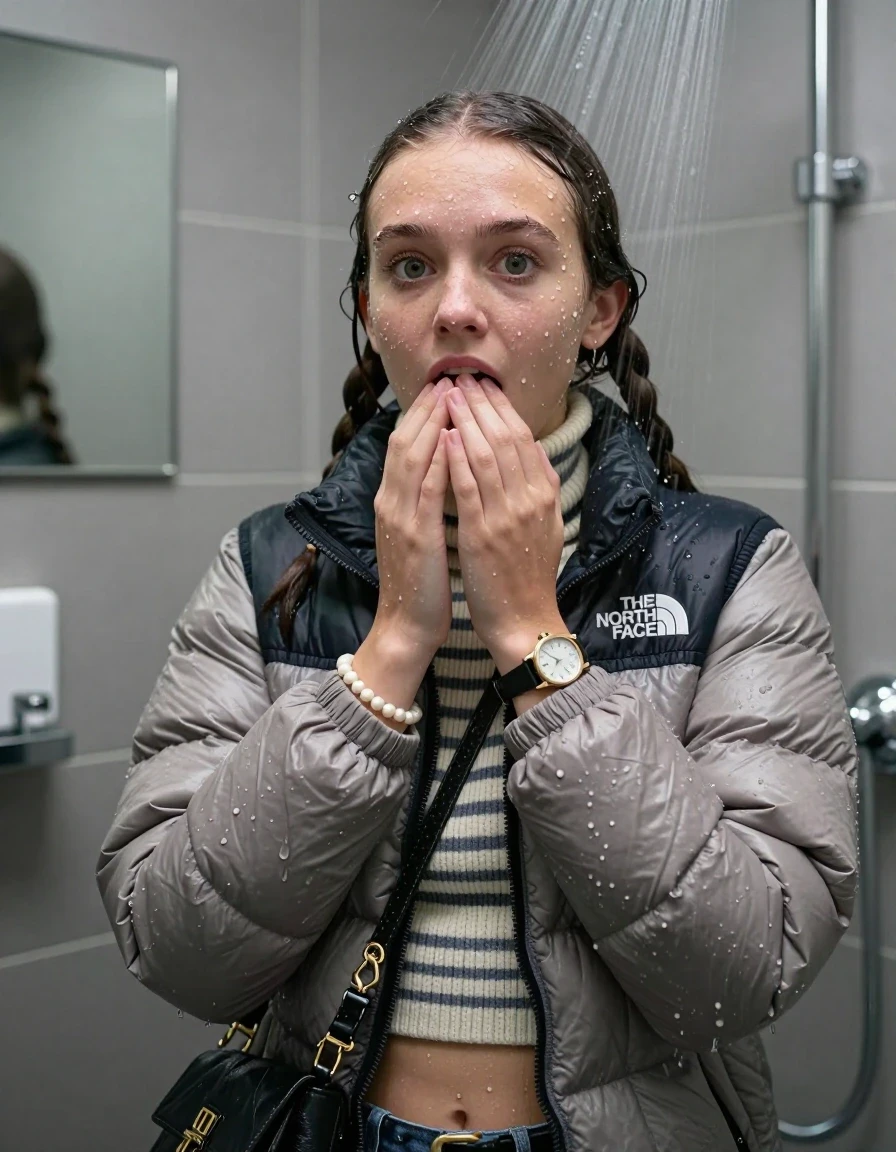 photo of young woman, in soaking wet, drenched clothes,
, , North face puffer down jacket, tight striped knit turtleneck sweater belly free, handbag, pearl necklace, bracelet, wristwatch, knitted scarf, Under the shower, strong jet of water, modern mirrored bathroom, 
enjoying, wet clothes stuck to body,
detailed textures of the wet clothes, wet face, wet plastered hair,
wet, drenched, professional, high-quality details, full body view.
sharp focus, ultra-high pixel detail, realistic, high-quality, full colors, incredibly detailed, 4k, 8k, 16k, hyper-realistic, RAW photo, masterpiece, ultra-detailed, professionally color graded, professional photograph, Two pigtails

15 years old  teenage girl

Only head and shoulders are over the surface visible. Open mouth, big eyes. Looking at camera. Hold her hands over mouth.

she is completely underwater up to her neck, afraid and astonished expression. 

her submerged clothes are hardly vusible under water, she soaked her handbag into the water

close up view, wet skin, wet clothes, wet hair, damp fabric, water runs down the clothes, wet skin, wet clothes, damp fabric., wet skin, wet clothes, damp fabric, wet skin, wet clothes, damp fabric, wet skin, wet clothes, damp fabric
