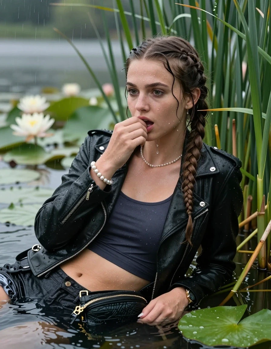 photo of young woman, in soaking wet, drenched clothes,
, , Black biker leatherjacket, tight sexy tshirt with wide neckline belly free, handbag, pearl necklace, bracelet, wristwatch , Emerging after diving in a lake with water lilies and reeds, rain , 
enjoying, wet clothes stuck to body,
detailed textures of the wet clothes, wet face, wet plastered hair,
wet, drenched, professional, high-quality details, full body view.
sharp focus, ultra-high pixel detail, realistic, high-quality, full colors, incredibly detailed, 4k, 8k, 16k, hyper-realistic, RAW photo, masterpiece, ultra-detailed, professionally color graded, professional photograph, Two long braids

15 years old  teenage girl

Laying her breast on the surface.  Looking slightly away. Hold her hand on mouth.

she is completely underwater up to her neck, afraid and astonished expression. 

She hides in the reeds and is surprised by spectators

her submerged clothes are hardly vusible under water, she soaked her handbag into the water

close up view, wet skin, wet clothes, wet hair, damp fabric, water runs down the clothes, wet skin, wet clothes, damp fabric, wet skin, wet clothes, damp fabric, wet skin, wet clothes, damp fabric, wet skin, wet clothes, damp fabric, wet skin, wet clothes, damp fabric, wet skin, wet clothes, damp fabric, wet skin, wet clothes, damp fabric, wet skin, wet clothes, damp fabric, wet skin, wet clothes, damp fabric, wet skin, wet clothes, damp fabric, wet skin, wet clothes, damp fabric, wet skin, wet clothes, damp fabric, wet skin, wet clothes, damp fabric, wet skin, wet clothes, damp fabric, wet skin, wet clothes, damp fabric, wet skin, wet clothes, damp fabric, wet skin, wet clothes, damp fabric, wet skin, wet clothes, damp fabric, wet skin, wet clothes, damp fabric
