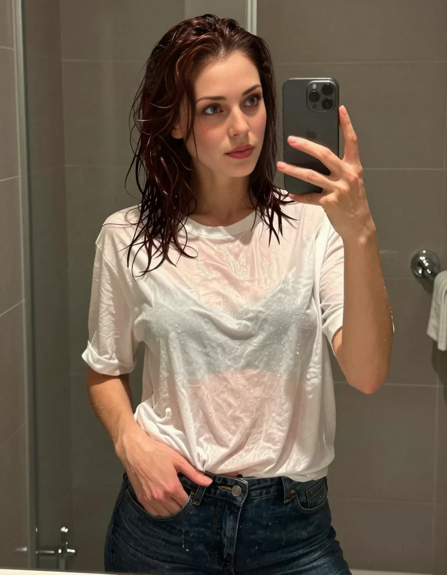 A realistic vertical POV fashion-style selfie taken in a modern tiled shower. A 25-year-old woman with shoulder-length wet dark auburn hair is looking into the camera lens with a flushed, intimate, and longing expression. She is holding the phone with one hand to capture the perspective, while her other hand is reaching down to the waistband of her dark denim jeans, which are completely soaked through and clinging tightly to her skin. She is wearing an oversized white tee and dark denim jeans, both heavy with water and saturated. The fabric of the white tee clings to her torso, and the wet denim jeans are tight against her legs. The background is a modern shower with soft steam and warm, moody lighting. The perspective is from the phone lens looking at her, capturing her face and upper body in a close-up shot. The depicted adult woman has shoulder-length dark auburn hair. Show her face clearly toward the camera at a mild three-quarter angle, large enough for a natural portrait face reference.