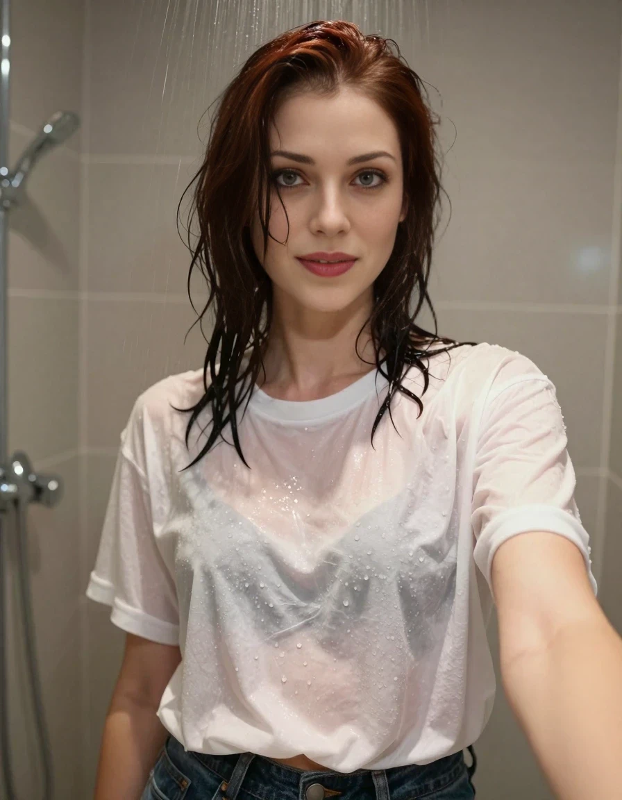 A high-quality, realistic vertical fashion-style selfie taken in a shower. A 25-year-old woman with shoulder-length wet dark auburn hair is looking directly at the camera with a soft, affectionate expression. She is wearing an oversized white tee and dark denim jeans, both completely soaked through and clinging to her skin. Water droplets are visible on her face and hair, and the fabric is heavy with water. The background is a modern, tiled shower with soft steam and warm, moody lighting. The adult woman is positioned centrally, facing the camera at a mild three-quarter angle, clearly visible for a portrait. The depicted adult woman has shoulder-length dark auburn hair. Show her face clearly toward the camera at a mild three-quarter angle, large enough for a natural portrait face reference.
