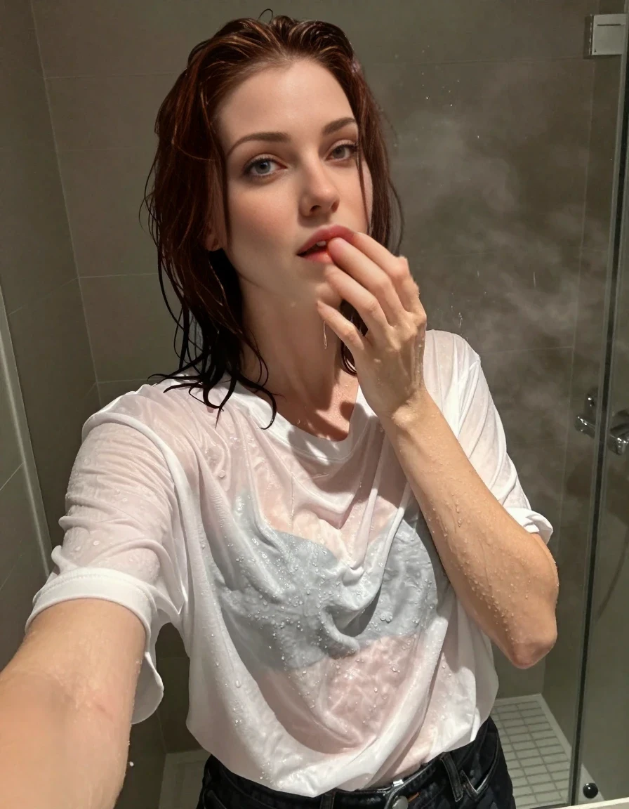 A realistic vertical POV fashion-style selfie taken in a modern tiled shower. A 25-year-old woman with shoulder-length wet dark auburn hair is looking directly into the camera lens with an intimate, flushed, and longing expression. She is holding the phone with one hand to capture the perspective, while her other hand is gently touching her lips, imagining a kiss. She is wearing an oversized white tee and dark denim jeans, both completely soaked through and clinging tightly to her skin. Water is streaming down her face, hair, and shoulders, highlighting the heavy, saturated fabric of the white tee clinging to her torso. The background is a modern shower with soft steam and warm, moody lighting. The perspective is from the phone lens looking at her, capturing her face and upper body in a close-up shot. The depicted adult woman has shoulder-length dark auburn hair. Show her face clearly toward the camera at a mild three-quarter angle, large enough for a natural portrait face reference.