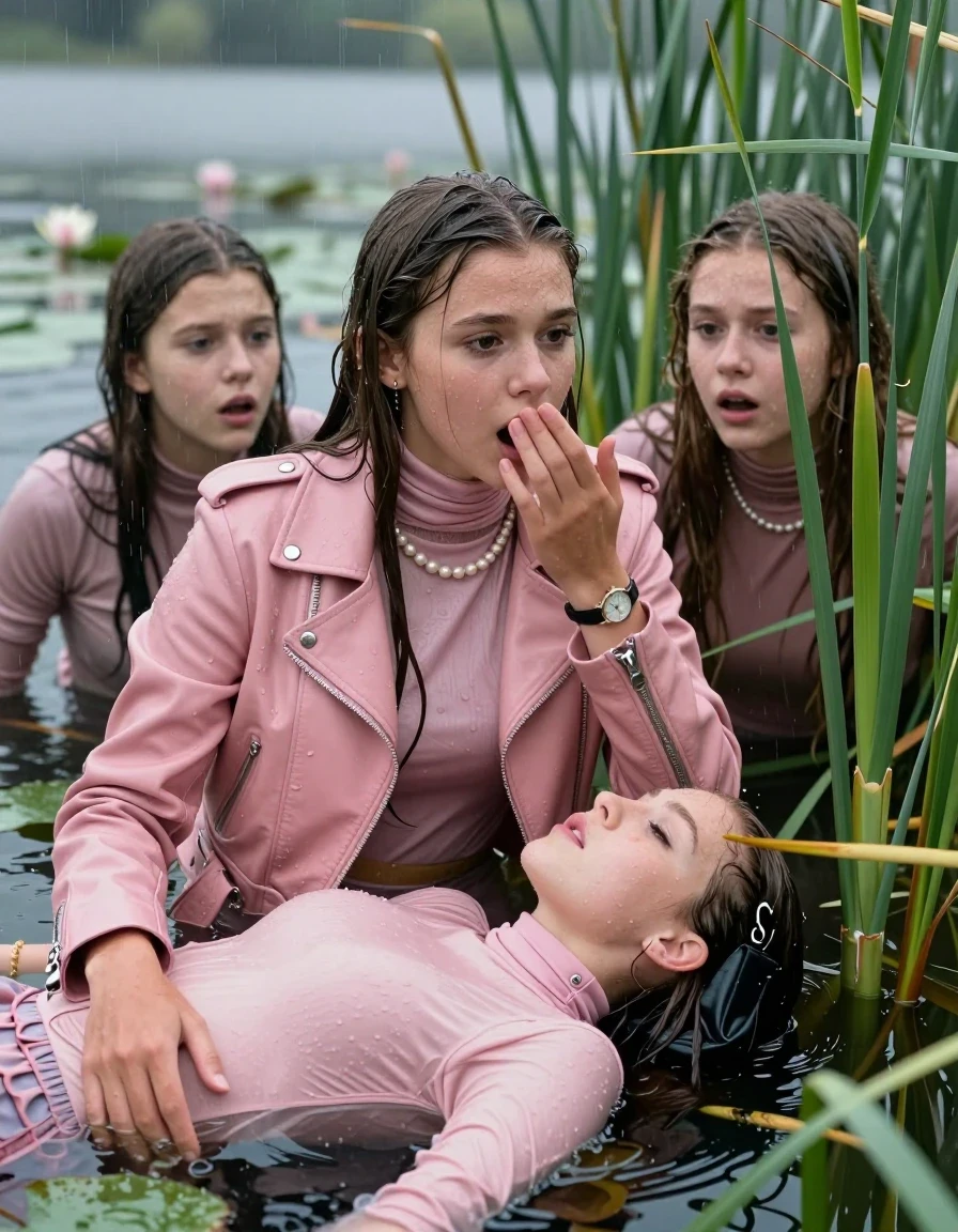 photo of young woman, in soaking wet, drenched clothes,
, , Light pink biker leatherjacket, tight turtleneck sweater with wide neckline belly free, handbag, pearl necklace, bracelet, wristwatch , Two 15-years-old teenage girls Emerging after diving in a lake with water lilies and reeds, rain , 
enjoying, wet clothes stuck to body,
detailed textures of the wet clothes, wet face, wet plastered hair,
wet, drenched, professional, high-quality details, full body view.
sharp focus, ultra-high pixel detail, realistic, high-quality, full colors, incredibly detailed, 4k, 8k, 16k, hyper-realistic, RAW photo, masterpiece, ultra-detailed, professionally color graded, professional photograph, Sleek long straight hair

15 years old  teenage girl

Laying her breast on the surface.  Looking slightly away. Hold her hand on her mouth. Open mouth, big eyes.

she is completely underwater up to her neck, afraid and astonished expression. 

The girls wear different clothes.

She hides in the reeds and is surprised by spectators

her submerged clothes are hardly vusible under water, she soaked her handbag into the water

close up view, wet skin, wet clothes, wet hair, damp fabric, water runs down the clothes, wet skin, wet clothes, damp fabric., wet skin, wet clothes, damp fabric, wet skin, wet clothes, damp fabric