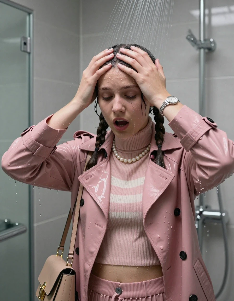 photo of young woman, in soaking wet, drenched clothes,
, , Pink woolen winter Trenchcoat, tight striped knit turtleneck sweater belly free, handbag, pearl necklace, bracelet, wristwatch, Under the shower, strong jet of water, modern mirrored bathroom, 
enjoying, wet clothes stuck to body,
detailed textures of the wet clothes, wet face, wet plastered hair,
wet, drenched, professional, high-quality details, full body view.
sharp focus, ultra-high pixel detail, realistic, high-quality, full colors, incredibly detailed, 4k, 8k, 16k, hyper-realistic, RAW photo, masterpiece, ultra-detailed, professionally color graded, professional photograph, Two pigtails

15 years old  teenage girl

Only head and shoulders are over the surface visible. Open mouth, closed eyes. Looking down. Hold her hands over her forehead.

she is completely underwater up to her neck, afraid and astonished expression. 

her submerged clothes are hardly vusible under water, she soaked her handbag into the water

close up view, wet skin, wet clothes, wet hair, damp fabric, water runs down the clothes, wet skin, wet clothes, damp fabric., wet skin, wet clothes, damp fabric, wet skin, wet clothes, damp fabric, wet skin, wet clothes, damp fabric
