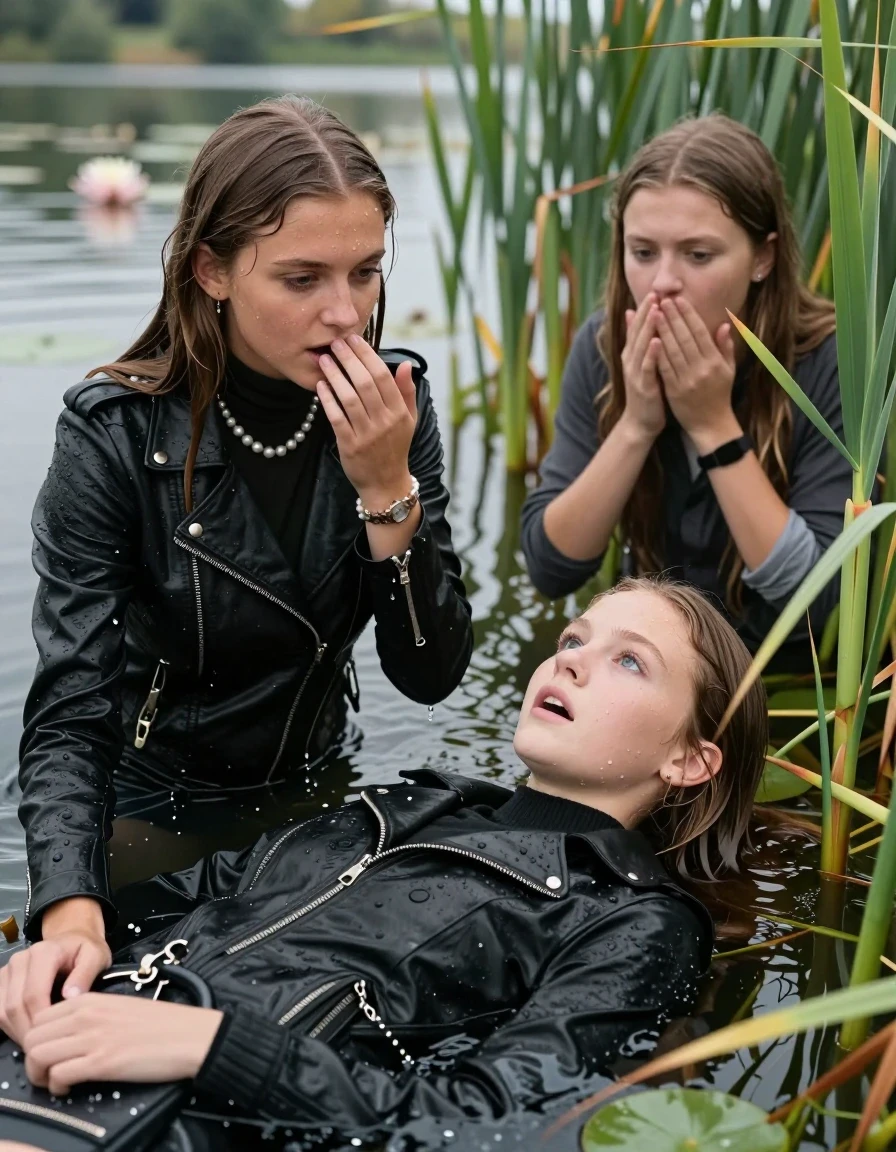 photo of young woman, in soaking wet, drenched clothes,
, , Black biker leatherjacket, tight turtleneck sweater with wide neckline belly free, handbag, pearl necklace, bracelet, wristwatch , Two 15-years-old teenage girls Emerging after diving in a lake with water lilies and reeds, 
enjoying, wet clothes stuck to body,
detailed textures of the wet clothes, wet face, wet plastered hair,
wet, drenched, professional, high-quality details, full body view.
sharp focus, ultra-high pixel detail, realistic, high-quality, full colors, incredibly detailed, 4k, 8k, 16k, hyper-realistic, RAW photo, masterpiece, ultra-detailed, professionally color graded, professional photograph, Sleek long straight hair

15 years old  teenage girl

Laying her breast on the surface.  Looking slightly away. Hold her hand on her mouth. Open mouth, big eyes.

she is completely underwater up to her neck, afraid and astonished expression. 

The girls wear different clothes.

She hides in the reeds and is surprised by spectators

her submerged clothes are hardly vusible under water, she soaked her handbag into the water

close up view, wet skin, wet clothes, wet hair, damp fabric, water runs down the clothes, wet skin, wet clothes, damp fabric., wet skin, wet clothes, damp fabric, wet skin, wet clothes, damp fabric