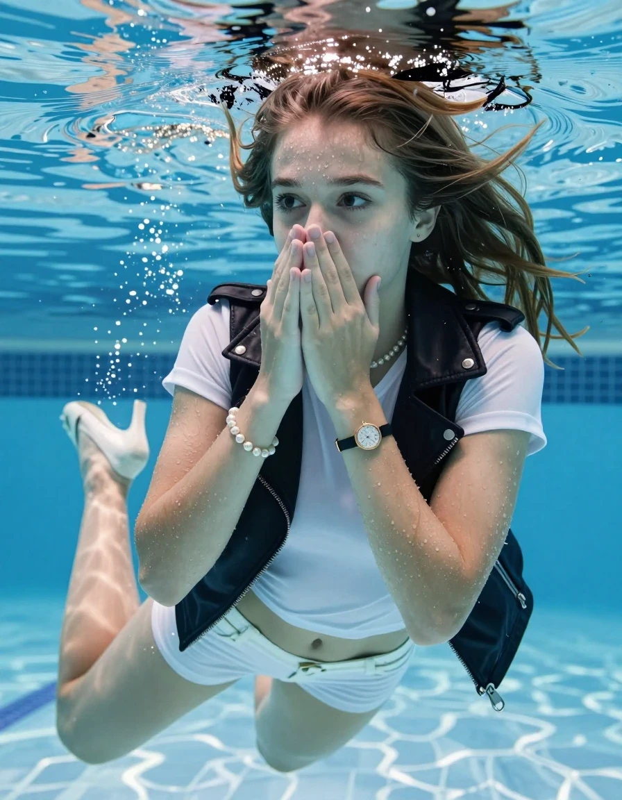 photo of young woman, in soaking wet, drenched clothes,
Heels, White mini , Black biker leatherjacket , tight sexy tshirt with wide neckline belly free, shoulderbag, pearl necklace, bracelet, wristwatch , Swimming underwater in swimming pool, only head is visible over surface, 
enjoying, wet clothes stuck to body,
detailed textures of the wet clothes, wet face, wet plastered hair,
wet, drenched, professional, high-quality details, full body view.
sharp focus, ultra-high pixel detail, realistic, high-quality, full colors, incredibly detailed, 4k, 8k, 16k, hyper-realistic, RAW photo, masterpiece, ultra-detailed, professionally color graded, professional photograph, sleek long straight hair 

15 years old  teenage girl

Covers her nose with her hands. Looking slightly away. Open mouth, big eyes.

she is completely underwater up to her neck, afraid and astonished expression. 

Swimming movements with Arms and legs. Breast swimming.

her submerged clothes are hardly vusible under water, she soaked her handbag into the water

close up view, wet skin, wet clothes, wet hair, damp fabric, water runs down the clothes, wet skin, wet clothes, damp fabric, wet skin, wet clothes, damp fabric, wet skin, wet clothes, damp fabric, wet skin, wet clothes, damp fabric, wet skin, wet clothes, damp fabric, wet skin, wet clothes, damp fabric, wet skin, wet clothes, damp fabric, wet skin, wet clothes, damp fabric, wet skin, wet clothes, damp fabric, wet skin, wet clothes, damp fabric, wet skin, wet clothes, damp fabric, wet skin, wet clothes, damp fabric, wet skin, wet clothes, damp fabric, wet skin, wet clothes, damp fabric, wet skin, wet clothes, damp fabric, wet skin, wet clothes, damp fabric, wet skin, wet clothes, damp fabric, wet skin, wet clothes, damp fabric, wet skin, wet clothes, damp fabric, wet skin, wet clothes, damp fabric, wet skin, wet clothes, damp fabric, wet skin, wet clothes, damp fabric, wet skin, wet clothes, damp fabric, wet skin, wet clothes, damp fabric