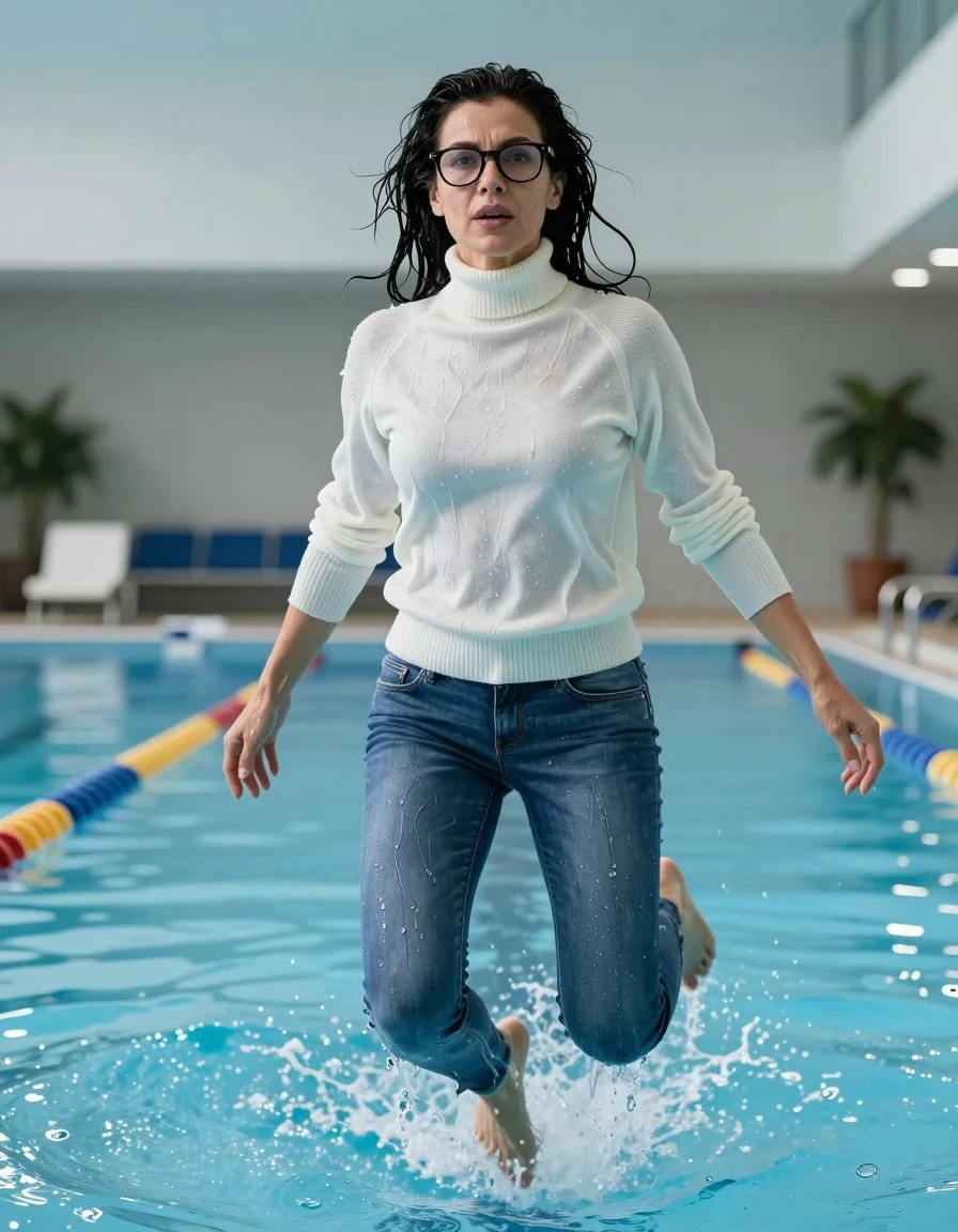 photo of young woman, in soaking wet, drenched clothes,
shoes, long blue jeans, white high-neck sweater with long sleeves, jump in indoor swimming pool, enjoying wet clothes stuck body, enjoying, wet clothes stuck to body, 
enjoying, wet clothes stuck to body,
detailed textures of the wet clothes, wet face, wet plastered hair,
wet, drenched, professional, high-quality details, full body view.
sharp focus, ultra-high pixel detail, realistic, high-quality, full colors, incredibly detailed, 4k, 8k, 16k, hyper-realistic, RAW photo, masterpiece, ultra-detailed, professionally color graded, professional photograph, europen brunette skinny woman 50 years old, long dark black hair, very big and thick lips,  office glasses, complete body, wet skin, wet clothes, damp fabric, wet skin, wet clothes, damp fabric, wet skin, wet clothes, damp fabric, wet skin, wet clothes, damp fabric, wet skin, wet clothes, damp fabric
