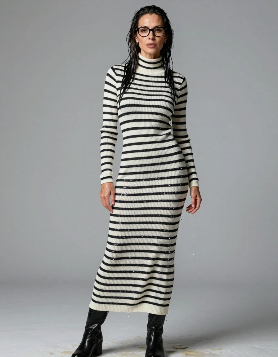 photo of young woman, in soaking wet, drenched clothes,
boots, maxi white & black striped high-neck sweater dress with long sleeves, maxi white & black striped high-neck sweater dress with long sleeves, enjoying wet clothes stuck body, enjoying, wet clothes stuck to body, 
enjoying, wet clothes stuck to body,
detailed textures of the wet clothes, wet face, wet plastered hair,
wet, drenched, professional, high-quality details, full body view.
sharp focus, ultra-high pixel detail, realistic, high-quality, full colors, incredibly detailed, 4k, 8k, 16k, hyper-realistic, RAW photo, masterpiece, ultra-detailed, professionally color graded, professional photograph, europen brunette skinny woman 50 years old, long dark black hair, very big and thick lips,  office glasses, complete body, wet skin, wet clothes, damp fabric, wet skin, wet clothes, damp fabric, wet skin, wet clothes, damp fabric, wet skin, wet clothes, damp fabric, wet skin, wet clothes, damp fabric