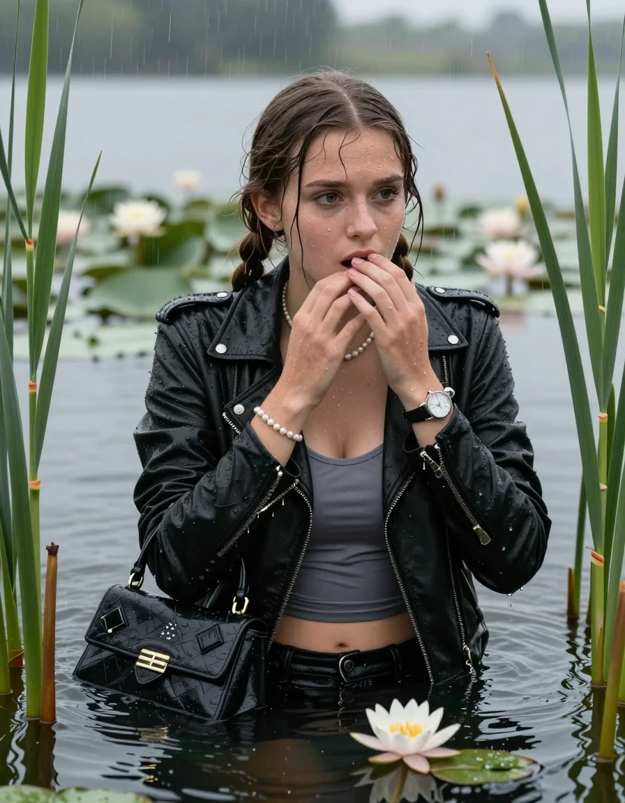 photo of young woman, in soaking wet, drenched clothes,
, , Black biker leatherjacket, tight sexy tshirt with wide neckline belly free, handbag, pearl necklace, bracelet, wristwatch , Emerging after diving in a lake with water lilies and reeds, rain , 
enjoying, wet clothes stuck to body,
detailed textures of the wet clothes, wet face, wet plastered hair,
wet, drenched, professional, high-quality details, full body view.
sharp focus, ultra-high pixel detail, realistic, high-quality, full colors, incredibly detailed, 4k, 8k, 16k, hyper-realistic, RAW photo, masterpiece, ultra-detailed, professionally color graded, professional photograph, Pigtails

15 years old  teenage girl

Laying her breast on the surface.  Looking slightly away. Hold her hands on her mouth.

she is completely underwater up to her neck, afraid and astonished expression. 

She hides in the reeds and is surprised by spectators

her submerged clothes are hardly vusible under water, she soaked her handbag into the water

close up view, wet skin, wet clothes, wet hair, damp fabric, water runs down the clothes, wet skin, wet clothes, damp fabric., wet skin, wet clothes, damp fabric, wet skin, wet clothes, damp fabric