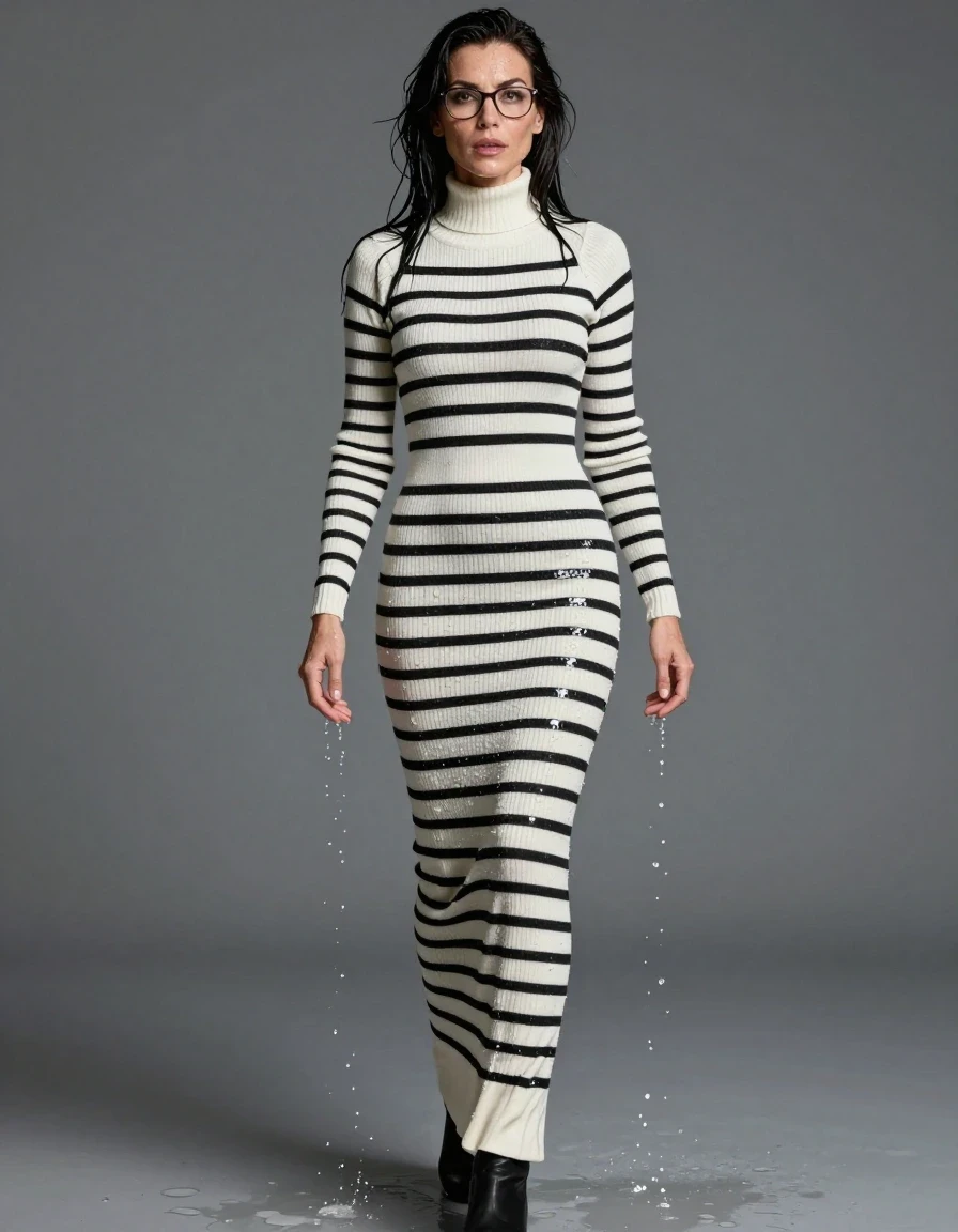 photo of young woman, in soaking wet, drenched clothes,
boots, maxi white & black striped high-neck sweater dress with long sleeves, maxi white & black striped high-neck sweater dress with long sleeves, enjoying wet clothes stuck body, enjoying, wet clothes stuck to body, 
enjoying, wet clothes stuck to body,
detailed textures of the wet clothes, wet face, wet plastered hair,
wet, drenched, professional, high-quality details, full body view.
sharp focus, ultra-high pixel detail, realistic, high-quality, full colors, incredibly detailed, 4k, 8k, 16k, hyper-realistic, RAW photo, masterpiece, ultra-detailed, professionally color graded, professional photograph, europen brunette skinny woman 50 years old, long dark black hair, very big and thick lips,  office glasses, complete body, wet skin, wet clothes, damp fabric, wet skin, wet clothes, damp fabric, wet skin, wet clothes, damp fabric, wet skin, wet clothes, damp fabric, wet skin, wet clothes, damp fabric