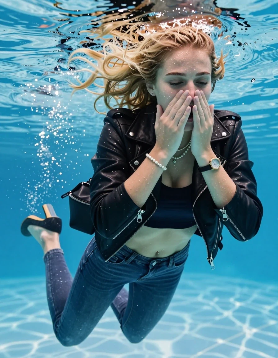 photo of young woman, in soaking wet, drenched clothes,
Heels, Completely soaked tight skinny jeans, Black biker leatherjacket, tight sexy tshirt with wide neckline belly free, shoulderbag, pearl necklace, bracelet, wristwatch , Swimming half submerged underwater in swimming pool , 
enjoying, wet clothes stuck to body,
detailed textures of the wet clothes, wet face, wet plastered hair,
wet, drenched, professional, high-quality details, full body view.
sharp focus, ultra-high pixel detail, realistic, high-quality, full colors, incredibly detailed, 4k, 8k, 16k, hyper-realistic, RAW photo, masterpiece, ultra-detailed, professionally color graded, professional photograph, Blonde braided hair

15 years old  teenage girl

Covers her nose with her hands. Looking slightly away. Open mouth, closed eyes.

she is completely underwater up to her neck, afraid and astonished expression. 

Swimming movements with Arms and legs. Breast swimming.

her submerged clothes are hardly vusible under water, she soaked her handbag into the water

close up view, wet skin, wet clothes, wet hair, damp fabric, water runs down the clothes, wet skin, wet clothes, damp fabric, wet skin, wet clothes, damp fabric, wet skin, wet clothes, damp fabric, wet skin, wet clothes, damp fabric, wet skin, wet clothes, damp fabric, wet skin, wet clothes, damp fabric, wet skin, wet clothes, damp fabric, wet skin, wet clothes, damp fabric, wet skin, wet clothes, damp fabric, wet skin, wet clothes, damp fabric, wet skin, wet clothes, damp fabric, wet skin, wet clothes, damp fabric, wet skin, wet clothes, damp fabric, wet skin, wet clothes, damp fabric, wet skin, wet clothes, damp fabric, wet skin, wet clothes, damp fabric, wet skin, wet clothes, damp fabric, wet skin, wet clothes, damp fabric, wet skin, wet clothes, damp fabric, wet skin, wet clothes, damp fabric
