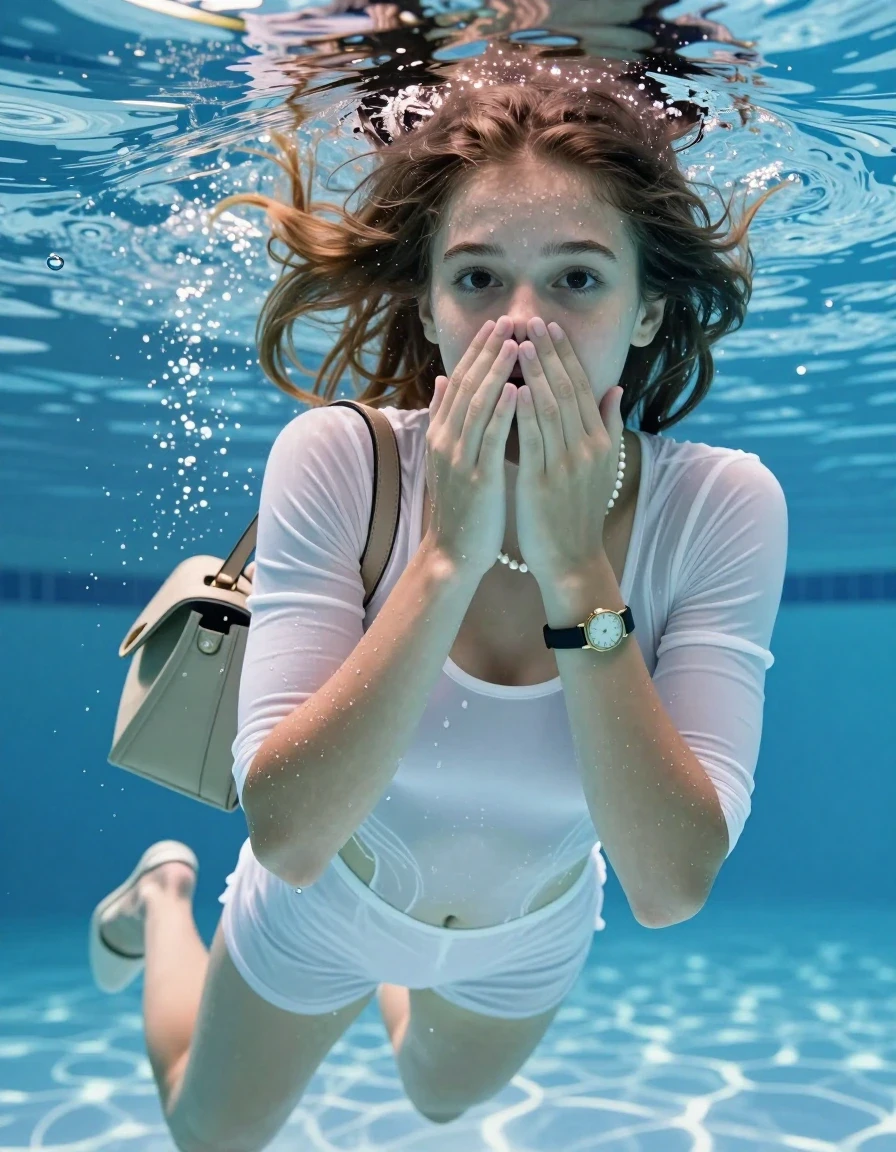 photo of young woman, in soaking wet, drenched clothes,
Heels, White mini , Blouson, tight sexy tshirt with wide neckline belly free, shoulderbag, pearl necklace, bracelet, wristwatch , Swimming underwater in swimming pool, only head is visible over surface, 
enjoying, wet clothes stuck to body,
detailed textures of the wet clothes, wet face, wet plastered hair,
wet, drenched, professional, high-quality details, full body view.
sharp focus, ultra-high pixel detail, realistic, high-quality, full colors, incredibly detailed, 4k, 8k, 16k, hyper-realistic, RAW photo, masterpiece, ultra-detailed, professionally color graded, professional photograph, sleek long straight hair 

15 years old  teenage girl

Covers her nose with her hands. Looking slightly away. Open mouth, big eyes.

she is completely underwater up to her neck, afraid and astonished expression. 

Swimming movements with Arms and legs. Breast swimming.

her submerged clothes are hardly vusible under water, she soaked her handbag into the water

close up view, wet skin, wet clothes, wet hair, damp fabric, water runs down the clothes, wet skin, wet clothes, damp fabric, wet skin, wet clothes, damp fabric, wet skin, wet clothes, damp fabric, wet skin, wet clothes, damp fabric, wet skin, wet clothes, damp fabric, wet skin, wet clothes, damp fabric, wet skin, wet clothes, damp fabric, wet skin, wet clothes, damp fabric, wet skin, wet clothes, damp fabric, wet skin, wet clothes, damp fabric, wet skin, wet clothes, damp fabric, wet skin, wet clothes, damp fabric, wet skin, wet clothes, damp fabric, wet skin, wet clothes, damp fabric, wet skin, wet clothes, damp fabric, wet skin, wet clothes, damp fabric, wet skin, wet clothes, damp fabric, wet skin, wet clothes, damp fabric, wet skin, wet clothes, damp fabric, wet skin, wet clothes, damp fabric, wet skin, wet clothes, damp fabric, wet skin, wet clothes, damp fabric, wet skin, wet clothes, damp fabric, wet skin, wet clothes, damp fabric
