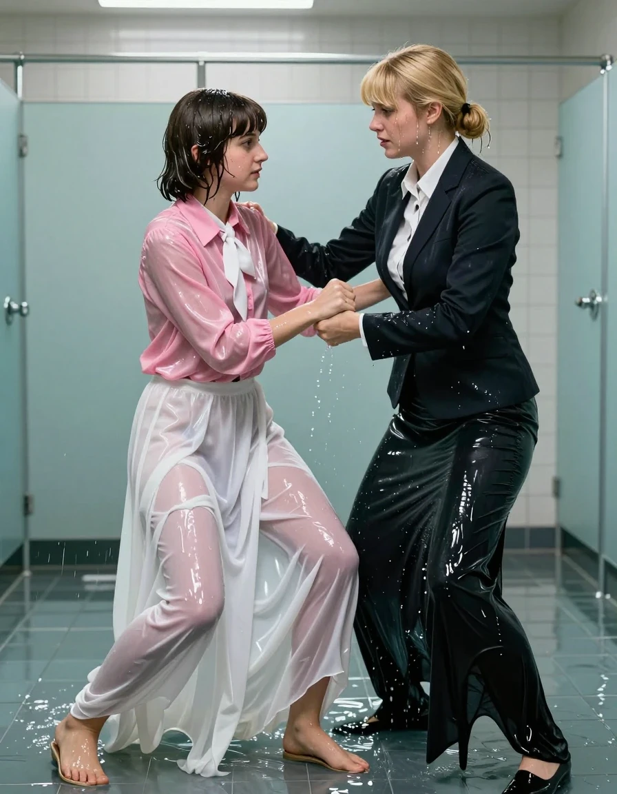 Photorealistic cinematic shot of two young adult European women in a flooded gym shower. One woman, a submissive teacher with Beatles-style hair, wears an oversized pink long-sleeved satin blouse with a white necktie and an excessively long floor-length white silk skirt, her sandals visible at the base. She is being wrestled into the water by a dominant blonde teacher wearing a sharp black business jacket, a crisp white shirt, and a floor-length skirt. Both women are thoroughly drenched; their skin is glistening with water sheen, hair is plastered to their faces, and their clothing is heavily saturated, clinging to their bodies with visible weight, deep translucent tones, and dark soaked fabric patches. The water on the gym floor reflects the harsh overhead fluorescent lighting, creating strong specular highlights on the wet skin and damp fabric folds. The scene is captured at eye level, focusing on the dynamic struggle and the tactile, heavy texture of the soaked, clinging garments in the industrial tiled shower environment.