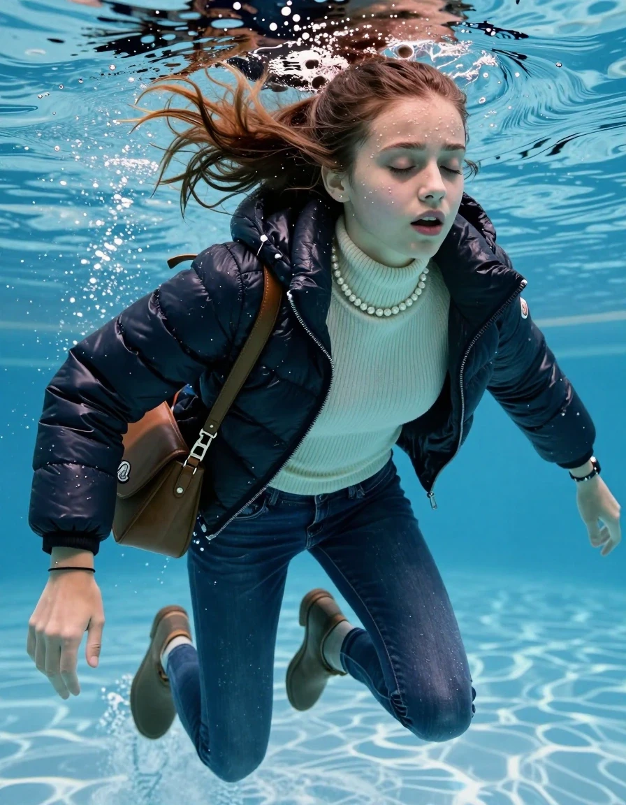 photo of young woman, in soaking wet, drenched clothes,
Boots, Completely soaked tight skinny jeans, Moncler shiny puffer down jacket, tight knit turtleneck sweater, shoulderbag, pearl necklace, bracelet, wristwatch , Swimming half underwater in swimming pool , 
enjoying, wet clothes stuck to body,
detailed textures of the wet clothes, wet face, wet plastered hair,
wet, drenched, professional, high-quality details, full body view.
sharp focus, ultra-high pixel detail, realistic, high-quality, full colors, incredibly detailed, 4k, 8k, 16k, hyper-realistic, RAW photo, masterpiece, ultra-detailed, professionally color graded, professional photograph, Sleek ponytail 

15 years old  teenage girl

Closed eyes, closed mouth.

she is completely underwater up to her neck, afraid and astonished expression. 

Swimming movements with Arms and legs. Breast swimming.

her submerged clothes are hardly vusible under water, she soaked her handbag into the water

close up view, wet skin, wet clothes, wet hair, damp fabric, water runs down the clothes, wet skin, wet clothes, damp fabric, wet skin, wet clothes, damp fabric, wet skin, wet clothes, damp fabric, wet skin, wet clothes, damp fabric, wet skin, wet clothes, damp fabric, wet skin, wet clothes, damp fabric, wet skin, wet clothes, damp fabric, wet skin, wet clothes, damp fabric, wet skin, wet clothes, damp fabric, wet skin, wet clothes, damp fabric, wet skin, wet clothes, damp fabric, wet skin, wet clothes, damp fabric, wet skin, wet clothes, damp fabric, wet skin, wet clothes, damp fabric, wet skin, wet clothes, damp fabric, wet skin, wet clothes, damp fabric, wet skin, wet clothes, damp fabric, wet skin, wet clothes, damp fabric, wet skin, wet clothes, damp fabric
