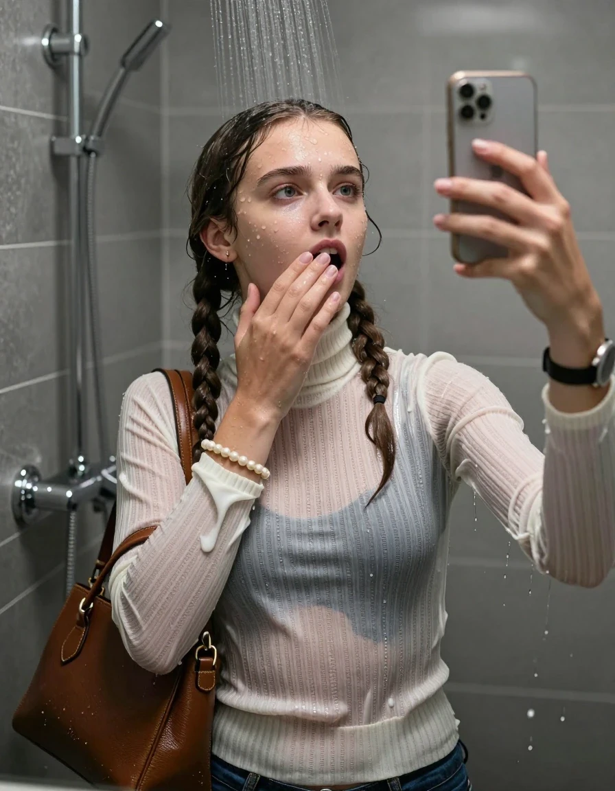 photo of young woman, in soaking wet, drenched clothes,
, ,  tight striped knit turtleneck sweater belly free, handbag, pearl necklace, bracelet, wristwatch, Under the shower, strong jet of water, modern mirrored bathroom, 
enjoying, wet clothes stuck to body,
detailed textures of the wet clothes, wet face, wet plastered hair,
wet, drenched, professional, high-quality details, full body view.
sharp focus, ultra-high pixel detail, realistic, high-quality, full colors, incredibly detailed, 4k, 8k, 16k, hyper-realistic, RAW photo, masterpiece, ultra-detailed, professionally color graded, professional photograph, Two pigtails

15 years old  teenage girl

Only head and shoulders are over the surface visible. Open mouth, half closed eyes. Looking up. Take a Selfie with her smartphone. One Hand over her mouth.

she is completely underwater up to her neck, afraid and astonished expression. 

her submerged clothes are hardly vusible under water, she soaked her handbag into the water

close up view, wet skin, wet clothes, wet hair, damp fabric, water runs down the clothes, wet skin, wet clothes, damp fabric., wet skin, wet clothes, damp fabric, wet skin, wet clothes, damp fabric, wet skin, wet clothes, damp fabric, wet skin, wet clothes, damp fabric