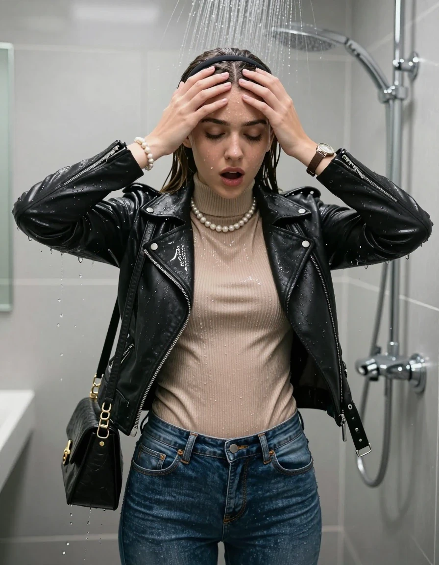 photo of young woman, in soaking wet, drenched clothes,
, Totaly wet tight skinny jeans, Black biker leatherjacket, tight beige knit turtleneck sweater belly free, handbag, pearl necklace, bracelet, wristwatch , Under the shower, strong jet of water, modern mirrored bathroom, 
enjoying, wet clothes stuck to body,
detailed textures of the wet clothes, wet face, wet plastered hair,
wet, drenched, professional, high-quality details, full body view.
sharp focus, ultra-high pixel detail, realistic, high-quality, full colors, incredibly detailed, 4k, 8k, 16k, hyper-realistic, RAW photo, masterpiece, ultra-detailed, professionally color graded, professional photograph, Sleek long straight hair with hairband

15 years old  teenage girl

Only head and shoulders are over the surface visible. Hold her hands over her forehead. Open mouth, closed eyes. Looking down.

she is completely underwater up to her neck, afraid and astonished expression. 

her submerged clothes are hardly vusible under water, she soaked her handbag into the water

close up view, wet skin, wet clothes, wet hair, damp fabric, water runs down the clothes, wet skin, wet clothes, damp fabric., wet skin, wet clothes, damp fabric, wet skin, wet clothes, damp fabric