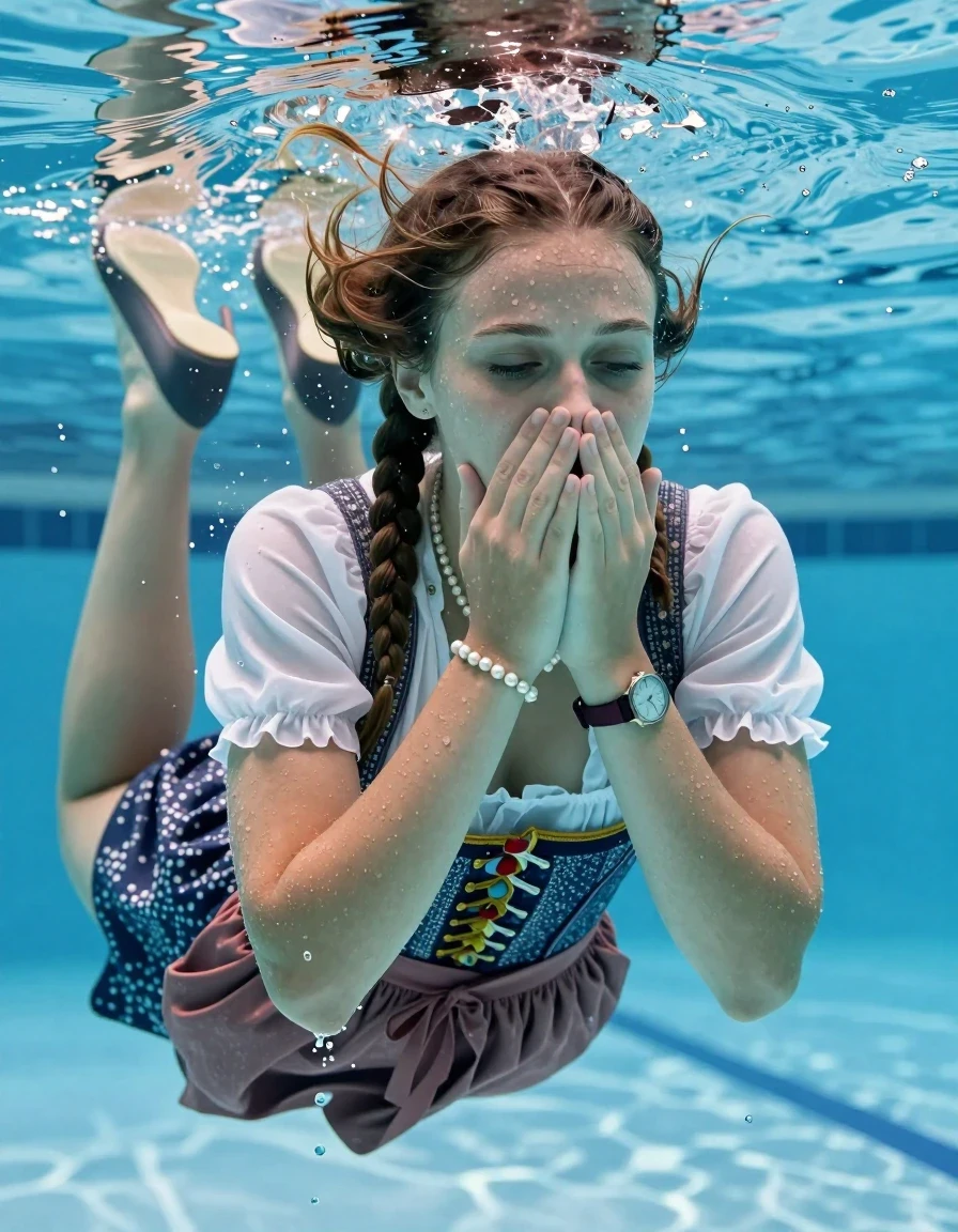 photo of young woman, in soaking wet, drenched clothes,
Heels, , Dirndl, Shoulderbag, pearl necklace, bracelet, wristwatch , Swimming half submerged underwater in swimming pool , 
enjoying, wet clothes stuck to body,
detailed textures of the wet clothes, wet face, wet plastered hair,
wet, drenched, professional, high-quality details, full body view.
sharp focus, ultra-high pixel detail, realistic, high-quality, full colors, incredibly detailed, 4k, 8k, 16k, hyper-realistic, RAW photo, masterpiece, ultra-detailed, professionally color graded, professional photograph, Two sleek long braids

15 years old  teenage girl

Covers her nose with her hands. Looking slightly away. Open mouth, closed eyes.

she is completely underwater up to her neck, afraid and astonished expression. 

Swimming movements with Arms and legs. Breast swimming.

her submerged clothes are hardly vusible under water, she soaked her handbag into the water

close up view, wet skin, wet clothes, wet hair, damp fabric, water runs down the clothes, wet skin, wet clothes, damp fabric, wet skin, wet clothes, damp fabric, wet skin, wet clothes, damp fabric, wet skin, wet clothes, damp fabric, wet skin, wet clothes, damp fabric, wet skin, wet clothes, damp fabric, wet skin, wet clothes, damp fabric, wet skin, wet clothes, damp fabric, wet skin, wet clothes, damp fabric, wet skin, wet clothes, damp fabric, wet skin, wet clothes, damp fabric, wet skin, wet clothes, damp fabric, wet skin, wet clothes, damp fabric, wet skin, wet clothes, damp fabric, wet skin, wet clothes, damp fabric, wet skin, wet clothes, damp fabric, wet skin, wet clothes, damp fabric, wet skin, wet clothes, damp fabric, wet skin, wet clothes, damp fabric, wet skin, wet clothes, damp fabric, wet skin, wet clothes, damp fabric, wet skin, wet clothes, damp fabric, wet skin, wet clothes, damp fabric, wet skin, wet clothes, damp fabric