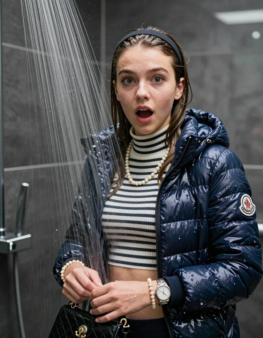 photo of young woman, in soaking wet, drenched clothes,
, , Moncler shiny puffer down jacket, tight striped knit turtleneck sweater belly free, handbag, pearl necklace, bracelet, wristwatch , Under the shower, strong jet of water, modern mirrored bathroom, 
enjoying, wet clothes stuck to body,
detailed textures of the wet clothes, wet face, wet plastered hair,
wet, drenched, professional, high-quality details, full body view.
sharp focus, ultra-high pixel detail, realistic, high-quality, full colors, incredibly detailed, 4k, 8k, 16k, hyper-realistic, RAW photo, masterpiece, ultra-detailed, professionally color graded, professional photograph, Sleek long straight hair with hairband

15 years old  teenage girl

Only head and shoulders are over the surface visible. Open mouth, big eyes. Looking at camera.

she is completely underwater up to her neck, afraid and astonished expression. 

her submerged clothes are hardly vusible under water, she soaked her handbag into the water

close up view, wet skin, wet clothes, wet hair, damp fabric, water runs down the clothes, wet skin, wet clothes, damp fabric., wet skin, wet clothes, damp fabric, wet skin, wet clothes, damp fabric, wet skin, wet clothes, damp fabric
