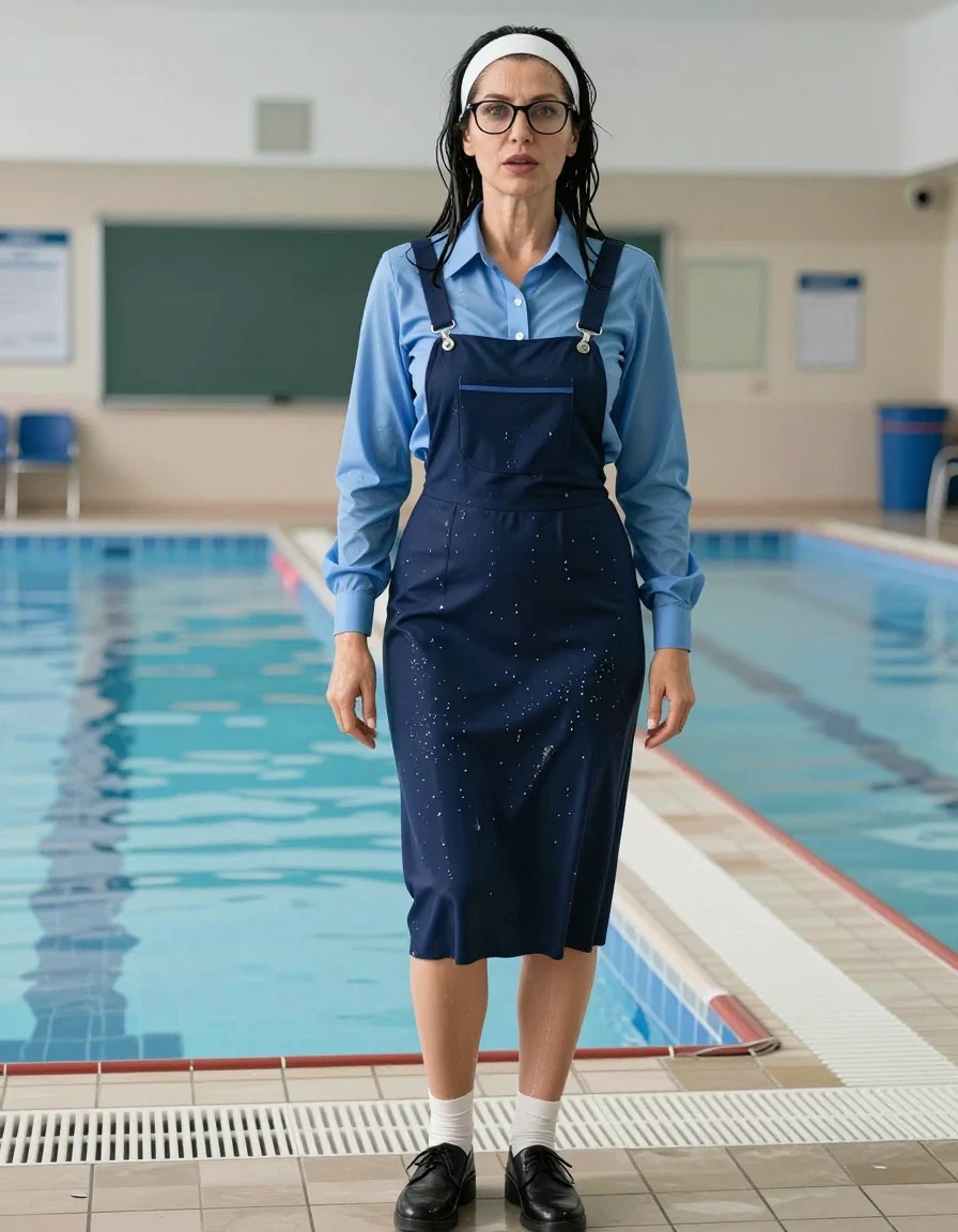 photo of young woman, in soaking wet, drenched clothes,
black shoes, white socks, school uniform with maxi dark blue school tight pinafore with pocket and blue shirt with long sleeves, school uniform with maxi dark blue school tight pinafore with pocket and blue shirt with long sleeves, after swimming in classroom, enjoying wet clothes stuck body, enjoying, wet clothes stuck to body, 
enjoying, wet clothes stuck to body,
detailed textures of the wet clothes, wet face, wet plastered hair,
wet, drenched, professional, high-quality details, full body view.
sharp focus, ultra-high pixel detail, realistic, high-quality, full colors, incredibly detailed, 4k, 8k, 16k, hyper-realistic, RAW photo, masterpiece, ultra-detailed, professionally color graded, professional photograph, europen brunette skinny woman 50 years old, long dark black hair, very big and thick lips,  office glasses, white headband, complete body, wet skin, wet clothes, damp fabric, wet skin, wet clothes, damp fabric, wet skin, wet clothes, damp fabric, wet skin, wet clothes, damp fabric, wet skin, wet clothes, damp fabric