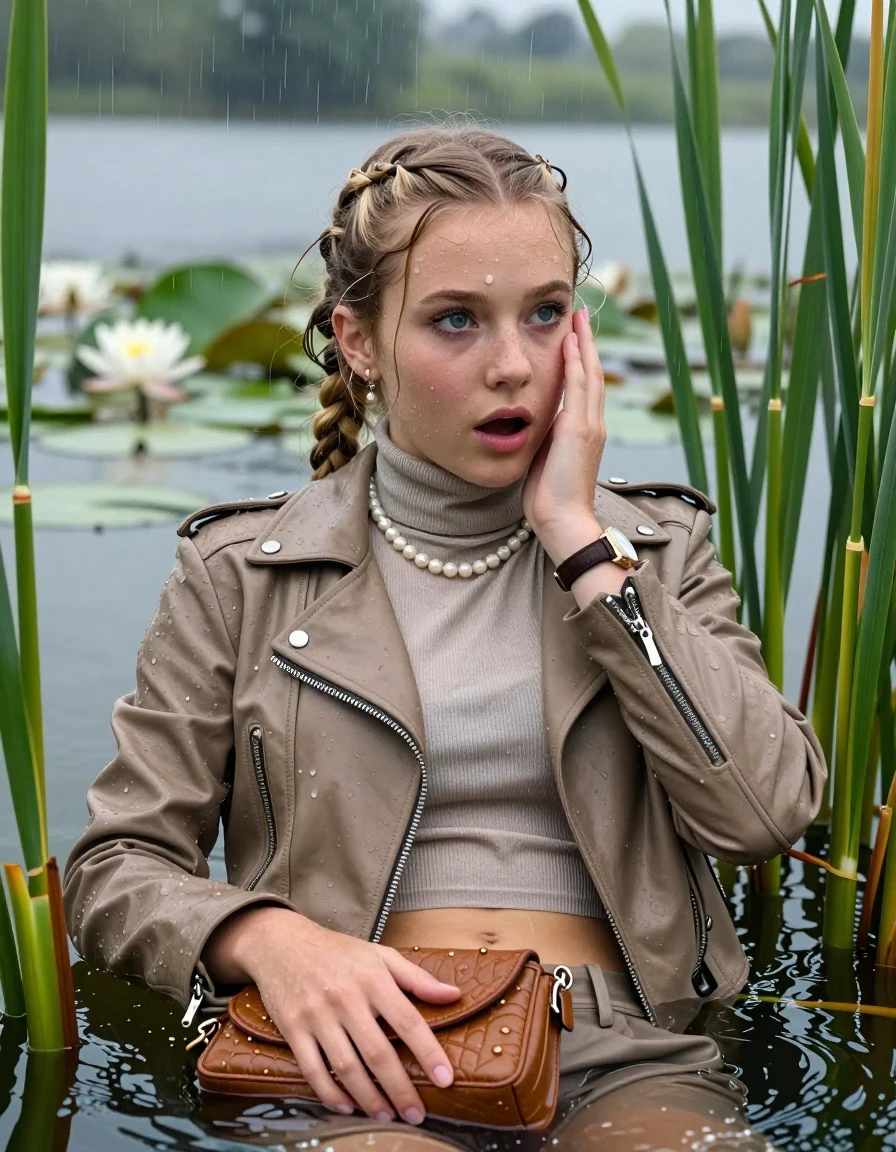 photo of young woman, in soaking wet, drenched clothes,
, , Light Brown biker leatherjacket, tight turtleneck sweater with wide neckline belly free, handbag, pearl necklace, bracelet, wristwatch , Emerging after diving in a lake with water lilies and reeds, rain , 
enjoying, wet clothes stuck to body,
detailed textures of the wet clothes, wet face, wet plastered hair,
wet, drenched, professional, high-quality details, full body view.
sharp focus, ultra-high pixel detail, realistic, high-quality, full colors, incredibly detailed, 4k, 8k, 16k, hyper-realistic, RAW photo, masterpiece, ultra-detailed, professionally color graded, professional photograph, Blonde braids

15 years old  teenage girl

Laying her breast on the surface.  Looking slightly away. Hold her hand on her face. Open mouth, big eyes.

she is completely underwater up to her neck, afraid and astonished expression. 

She hides in the reeds and is surprised by spectators

her submerged clothes are hardly vusible under water, she soaked her handbag into the water

close up view, wet skin, wet clothes, wet hair, damp fabric, water runs down the clothes, wet skin, wet clothes, damp fabric., wet skin, wet clothes, damp fabric, wet skin, wet clothes, damp fabric