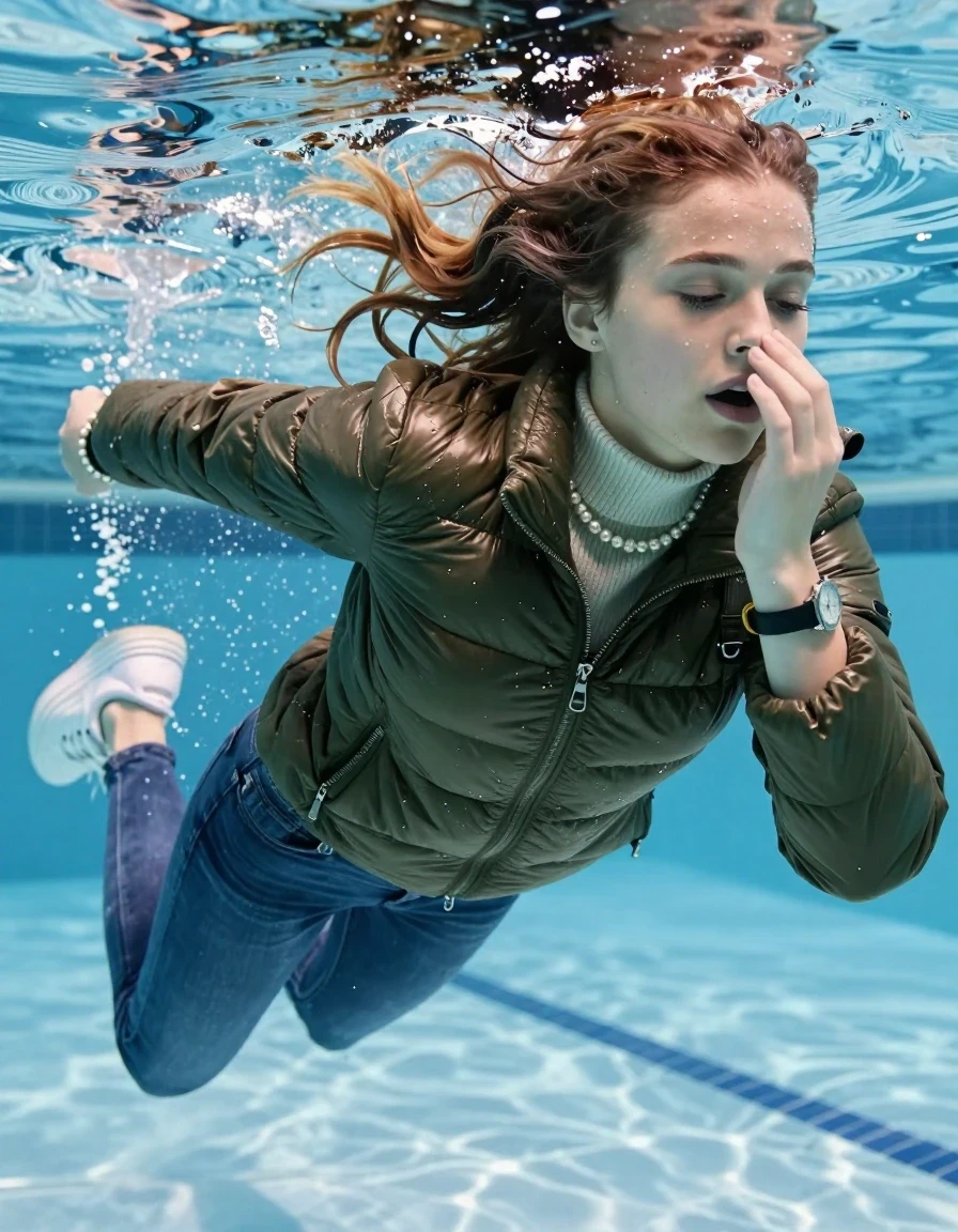 photo of young woman, in soaking wet, drenched clothes,
White sneakers , Completely soaked tight skinny jeans,  Belstaff olive shiny puffer down jacket, tight knit turtleneck sweater, shoulderbag, pearl necklace, bracelet, wristwatch , Swimming half submerged underwater in swimming pool , 
enjoying, wet clothes stuck to body,
detailed textures of the wet clothes, wet face, wet plastered hair,
wet, drenched, professional, high-quality details, full body view.
sharp focus, ultra-high pixel detail, realistic, high-quality, full colors, incredibly detailed, 4k, 8k, 16k, hyper-realistic, RAW photo, masterpiece, ultra-detailed, professionally color graded, professional photograph, Two sleek long braids

15 years old  teenage girl

Hold her nose with her Fingers. Looking slightly away. Open mouth, closed eyes.

she is completely underwater up to her neck, afraid and astonished expression. 

Swimming movements with Arms and legs. Breast swimming.

her submerged clothes are hardly vusible under water, she soaked her handbag into the water

close up view, wet skin, wet clothes, wet hair, damp fabric, water runs down the clothes, wet skin, wet clothes, damp fabric, wet skin, wet clothes, damp fabric, wet skin, wet clothes, damp fabric, wet skin, wet clothes, damp fabric, wet skin, wet clothes, damp fabric, wet skin, wet clothes, damp fabric, wet skin, wet clothes, damp fabric, wet skin, wet clothes, damp fabric, wet skin, wet clothes, damp fabric, wet skin, wet clothes, damp fabric, wet skin, wet clothes, damp fabric, wet skin, wet clothes, damp fabric, wet skin, wet clothes, damp fabric, wet skin, wet clothes, damp fabric, wet skin, wet clothes, damp fabric, wet skin, wet clothes, damp fabric, wet skin, wet clothes, damp fabric, wet skin, wet clothes, damp fabric, wet skin, wet clothes, damp fabric, wet skin, wet clothes, damp fabric