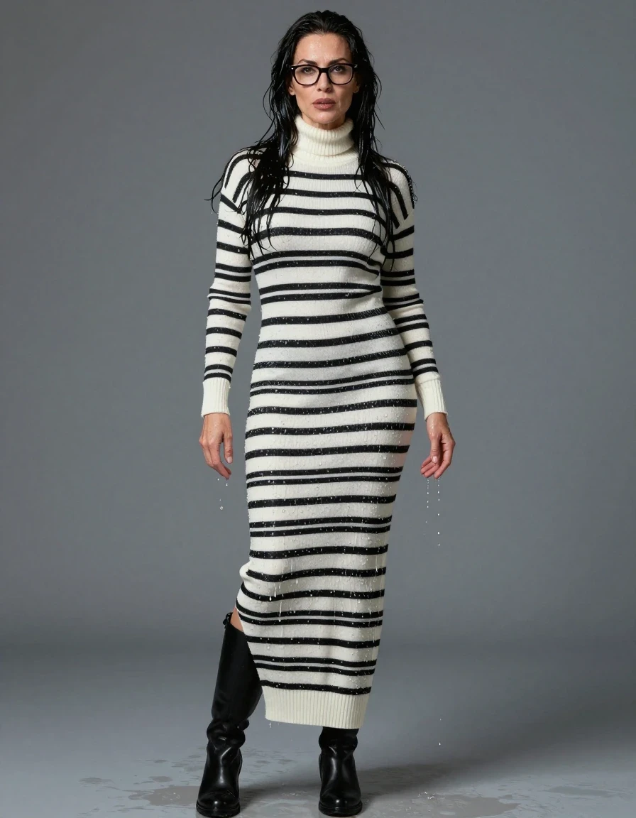 photo of young woman, in soaking wet, drenched clothes,
boots, maxi white & black striped high-neck sweater dress with long sleeves, maxi white & black striped high-neck sweater dress with long sleeves, enjoying wet clothes stuck body, enjoying, wet clothes stuck to body, 
enjoying, wet clothes stuck to body,
detailed textures of the wet clothes, wet face, wet plastered hair,
wet, drenched, professional, high-quality details, full body view.
sharp focus, ultra-high pixel detail, realistic, high-quality, full colors, incredibly detailed, 4k, 8k, 16k, hyper-realistic, RAW photo, masterpiece, ultra-detailed, professionally color graded, professional photograph, europen brunette skinny woman 50 years old, long dark black hair, very big and thick lips,  office glasses, complete body, wet skin, wet clothes, damp fabric, wet skin, wet clothes, damp fabric, wet skin, wet clothes, damp fabric, wet skin, wet clothes, damp fabric, wet skin, wet clothes, damp fabric