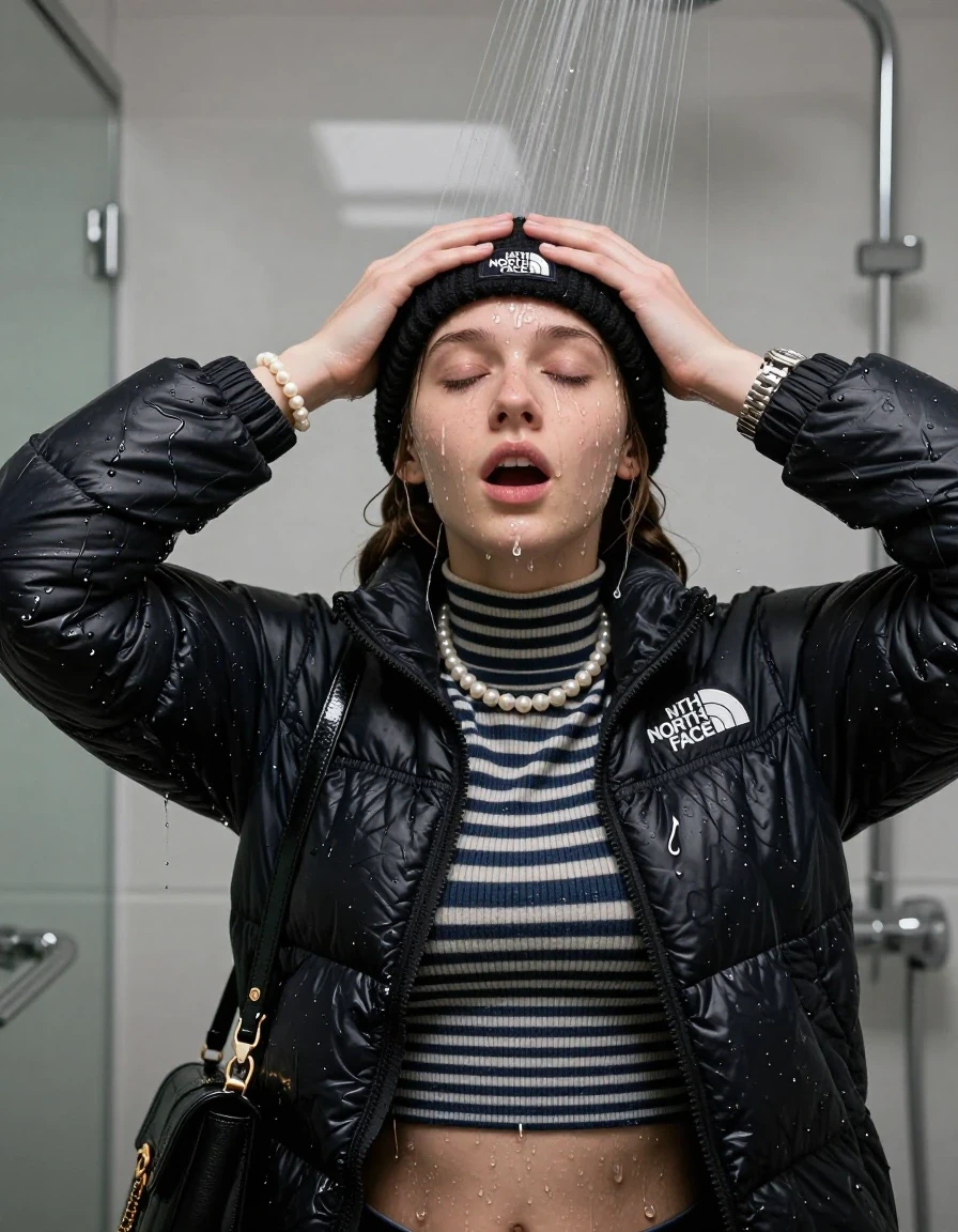 photo of young woman, in soaking wet, drenched clothes,
, , Black North face puffer down jacket, tight striped knit turtleneck sweater belly free, handbag, pearl necklace, bracelet, wristwatch, black knitted north face hat, Under the shower, strong jet of water, modern mirrored bathroom, 
enjoying, wet clothes stuck to body,
detailed textures of the wet clothes, wet face, wet plastered hair,
wet, drenched, professional, high-quality details, full body view.
sharp focus, ultra-high pixel detail, realistic, high-quality, full colors, incredibly detailed, 4k, 8k, 16k, hyper-realistic, RAW photo, masterpiece, ultra-detailed, professionally color graded, professional photograph, Two pigtails

15 years old  teenage girl

Only head and shoulders are over the surface visible. Open mouth, closed eyes. Looking up. Hold her hands over her forehead.

she is completely underwater up to her neck, afraid and astonished expression. 

her submerged clothes are hardly vusible under water, she soaked her handbag into the water

close up view, wet skin, wet clothes, wet hair, damp fabric, water runs down the clothes, wet skin, wet clothes, damp fabric., wet skin, wet clothes, damp fabric, wet skin, wet clothes, damp fabric, wet skin, wet clothes, damp fabric
