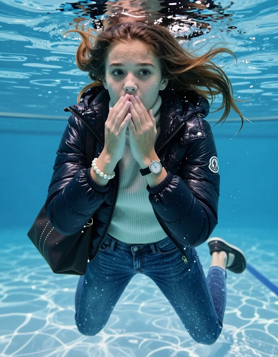 photo of young woman, in soaking wet, drenched clothes,
Boots, Completely soaked tight skinny jeans, Moncler shiny puffer down jacket, tight knit turtleneck sweater, shoulderbag, pearl necklace, bracelet, wristwatch , Swimming underwater in swimming pool , 
enjoying, wet clothes stuck to body,
detailed textures of the wet clothes, wet face, wet plastered hair,
wet, drenched, professional, high-quality details, full body view.
sharp focus, ultra-high pixel detail, realistic, high-quality, full colors, incredibly detailed, 4k, 8k, 16k, hyper-realistic, RAW photo, masterpiece, ultra-detailed, professionally color graded, professional photograph, Sleek long straight hair

15 years old  teenage girl

Looking slightly away. Hold her hands over mouth, closed mouth.

she is completely underwater up to her neck, afraid and astonished expression. 

her submerged clothes are hardly vusible under water, she soaked her handbag into the water

close up view, wet skin, wet clothes, wet hair, damp fabric, water runs down the clothes, wet skin, wet clothes, damp fabric, wet skin, wet clothes, damp fabric, wet skin, wet clothes, damp fabric, wet skin, wet clothes, damp fabric, wet skin, wet clothes, damp fabric, wet skin, wet clothes, damp fabric, wet skin, wet clothes, damp fabric, wet skin, wet clothes, damp fabric, wet skin, wet clothes, damp fabric, wet skin, wet clothes, damp fabric, wet skin, wet clothes, damp fabric, wet skin, wet clothes, damp fabric, wet skin, wet clothes, damp fabric, wet skin, wet clothes, damp fabric, wet skin, wet clothes, damp fabric, wet skin, wet clothes, damp fabric, wet skin, wet clothes, damp fabric, wet skin, wet clothes, damp fabric, wet skin, wet clothes, damp fabric