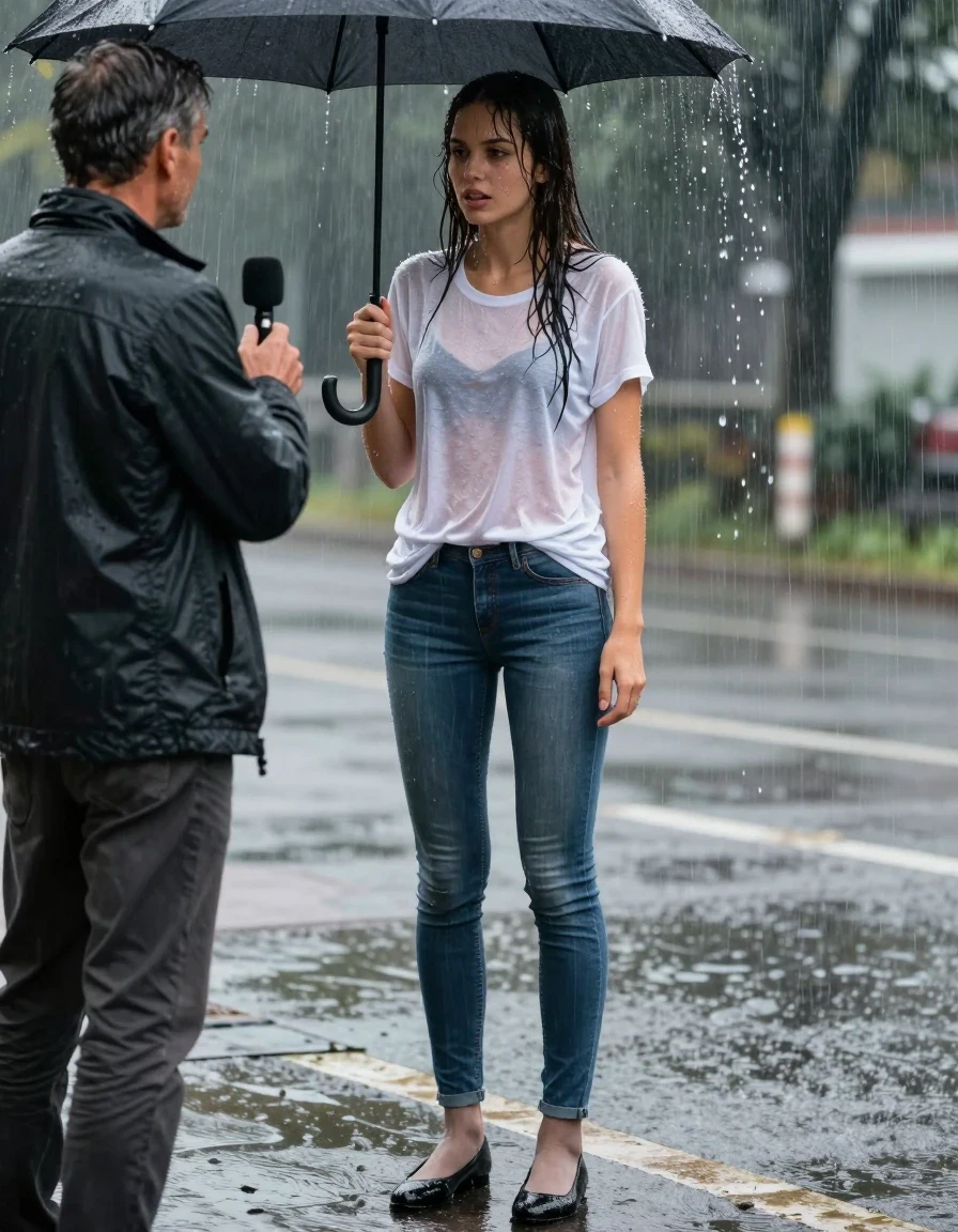 photo of young woman, in soaking wet, drenched clothes,
Black Flats, light Pantyhose, Long skinny jeans, T-Shirt, , 
enjoying, wet clothes stuck to body,
detailed textures of the wet clothes, wet face, wet plastered hair,
wet, drenched, professional, high-quality details, full body view.
sharp focus, ultra-high pixel detail, realistic, high-quality, full colors, incredibly detailed, 4k, 8k, 16k, hyper-realistic, RAW photo, masterpiece, ultra-detailed, professionally color graded, professional photograph, young, very slender female reporter is standing in very heavy Rainstorm. She is interviewing a man standing under an umbrella. She is completely soaked from head to toe, with water streaming down her entire body. Her clothes are clinging to her. The girl is not carrying an umbrella., wet skin, wet clothes, damp fabric