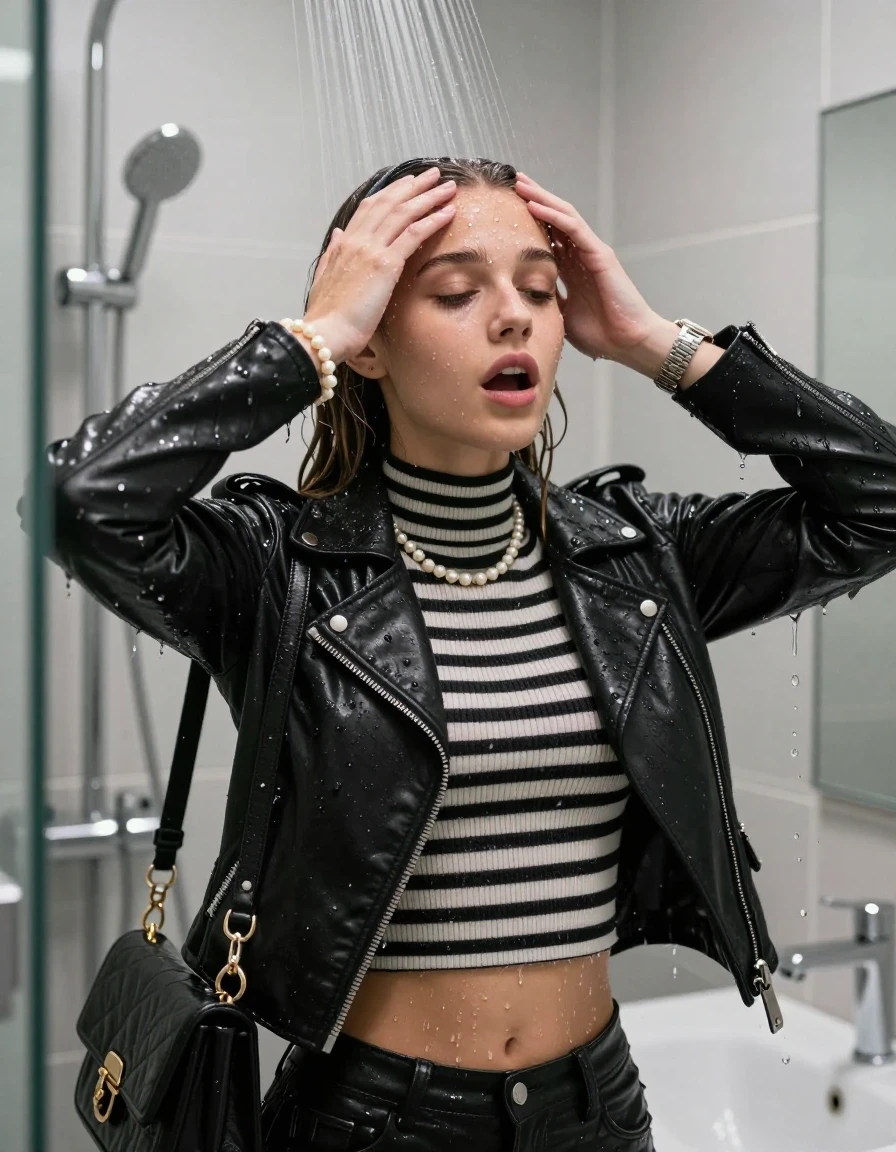 photo of young woman, in soaking wet, drenched clothes,
, , Black biker leatherjacket, tight striped knit turtleneck sweater belly free, handbag, pearl necklace, bracelet, wristwatch , Under the shower, strong jet of water, modern mirrored bathroom, 
enjoying, wet clothes stuck to body,
detailed textures of the wet clothes, wet face, wet plastered hair,
wet, drenched, professional, high-quality details, full body view.
sharp focus, ultra-high pixel detail, realistic, high-quality, full colors, incredibly detailed, 4k, 8k, 16k, hyper-realistic, RAW photo, masterpiece, ultra-detailed, professionally color graded, professional photograph, Sleek long straight hair with hairband

15 years old  teenage girl

Only head and shoulders are over the surface visible. Hold her hands over her forehead. Open mouth, closed eyes. Looking up.

she is completely underwater up to her neck, afraid and astonished expression. 

her submerged clothes are hardly vusible under water, she soaked her handbag into the water

close up view, wet skin, wet clothes, wet hair, damp fabric, water runs down the clothes, wet skin, wet clothes, damp fabric., wet skin, wet clothes, damp fabric, wet skin, wet clothes, damp fabric