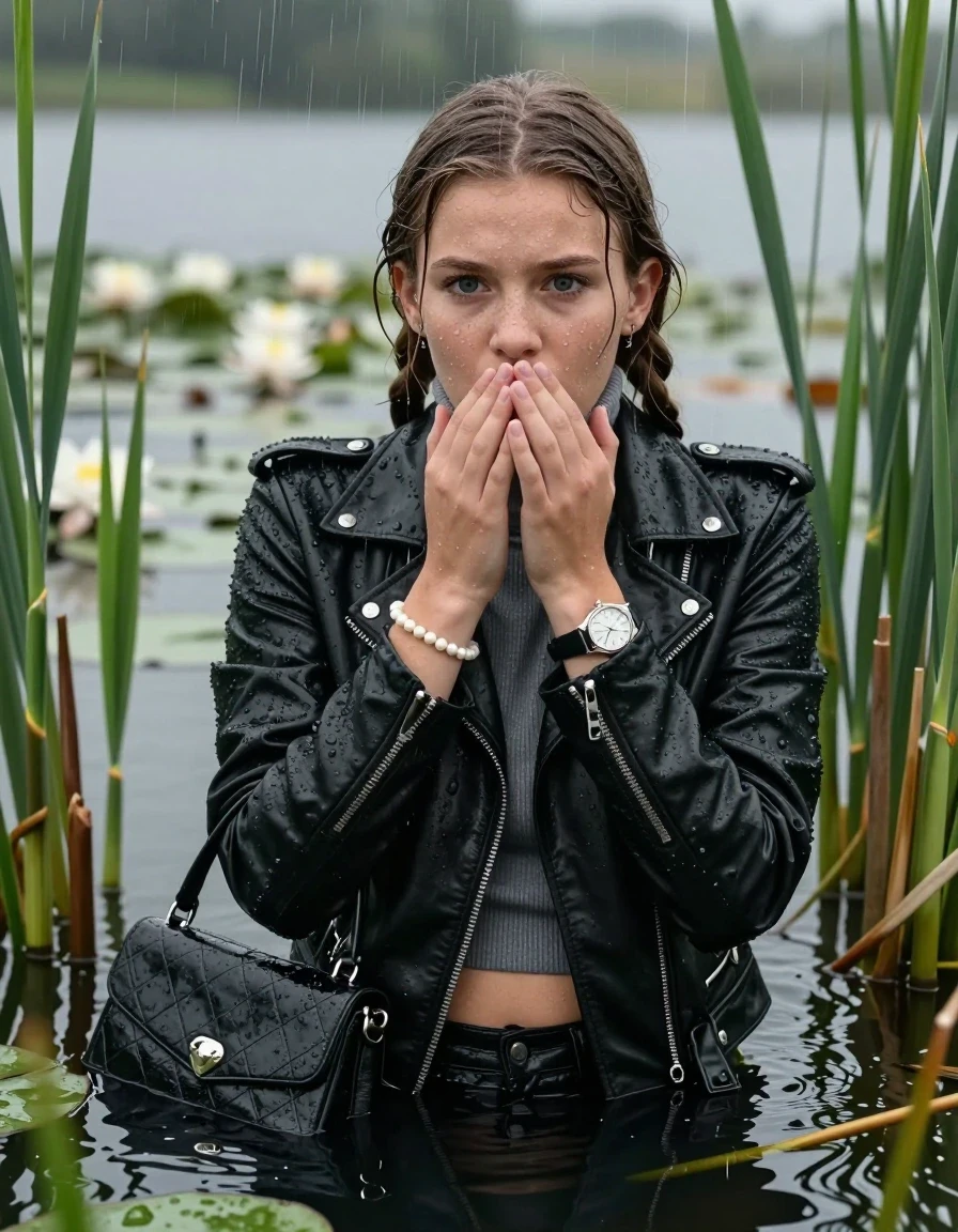photo of young woman, in soaking wet, drenched clothes,
, , Black biker leatherjacket, tight turtleneck sweater with wide neckline belly free, handbag, pearl necklace, bracelet, wristwatch , Emerging after diving in a lake with water lilies and reeds, rain , 
enjoying, wet clothes stuck to body,
detailed textures of the wet clothes, wet face, wet plastered hair,
wet, drenched, professional, high-quality details, full body view.
sharp focus, ultra-high pixel detail, realistic, high-quality, full colors, incredibly detailed, 4k, 8k, 16k, hyper-realistic, RAW photo, masterpiece, ultra-detailed, professionally color graded, professional photograph, Pigtails

15 years old  teenage girl

Laying her breast on the surface.  Looking slightly away. Hold her hands on her mouth.

she is completely underwater up to her neck, afraid and astonished expression. 

She hides in the reeds and is surprised by spectators

her submerged clothes are hardly vusible under water, she soaked her handbag into the water

close up view, wet skin, wet clothes, wet hair, damp fabric, water runs down the clothes, wet skin, wet clothes, damp fabric., wet skin, wet clothes, damp fabric, wet skin, wet clothes, damp fabric