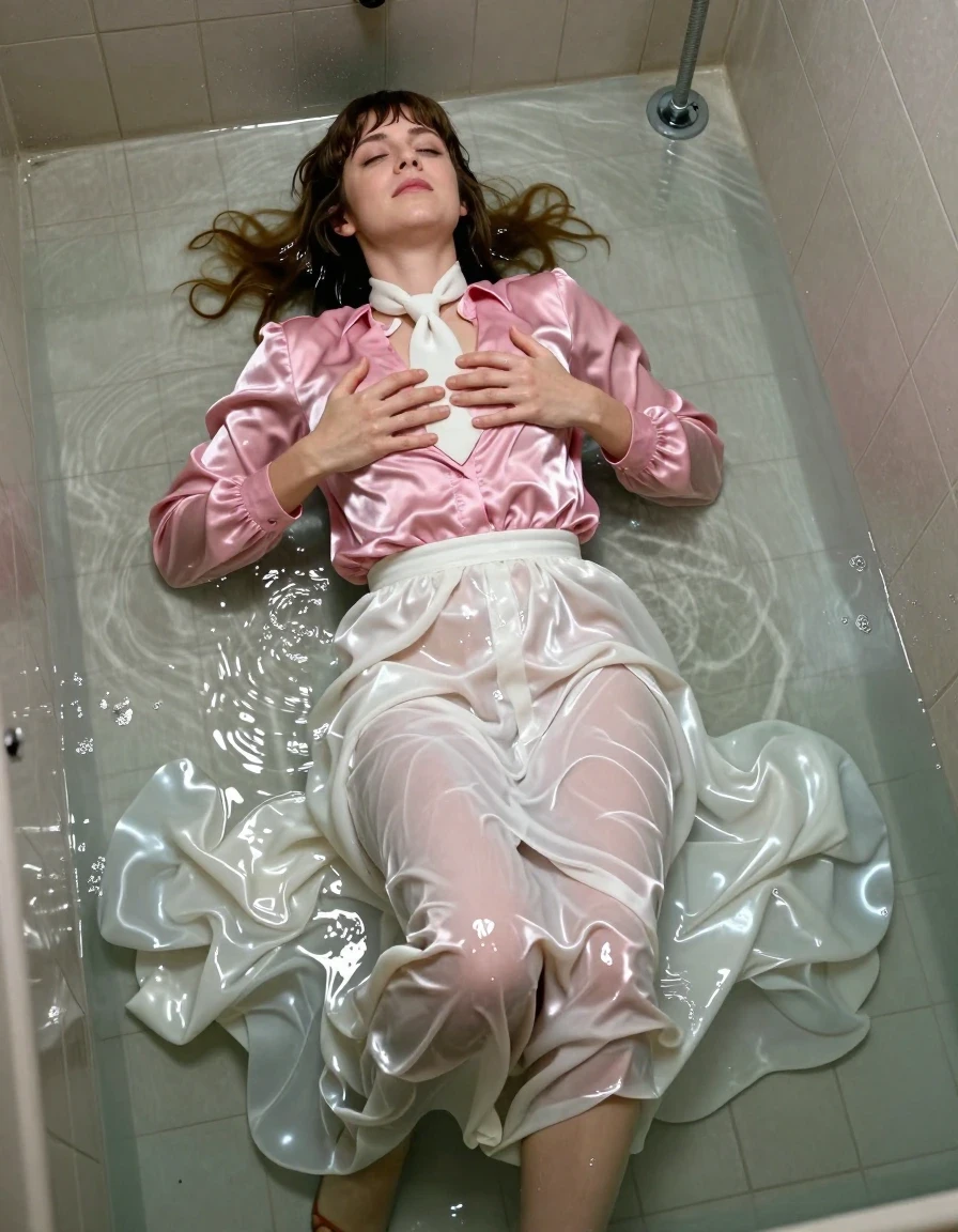A photorealistic, high-detail capture of a young adult European woman with iconic Beatles-style hair, lying down in a flooded gym shower. She is wearing an oversized, long-sleeved pink satin blouse with a white necktie and an excessively long floor-length silk white skirt, both garments clinging to her body and appearing heavily soaked, translucent, and darkened by the water. She is wearing sandals on her feet. The woman is captured in a moment of intense pleasure, massaging her breasts with her hands, her expression one of ecstasy. The environment is a tiled gym shower floor covered in several inches of standing water; the water is rippling around her. The fabric of the silk skirt is heavy, clinging to her legs, and the satin blouse is saturated, exhibiting deep wet folds and high-gloss specular reflections from the overhead fluorescent shower lights. The scene is rendered with sharp focus on the wet skin, damp hair, and the texture of the sodden fabrics, creating a raw, atmospheric, and highly detailed photographic aesthetic.