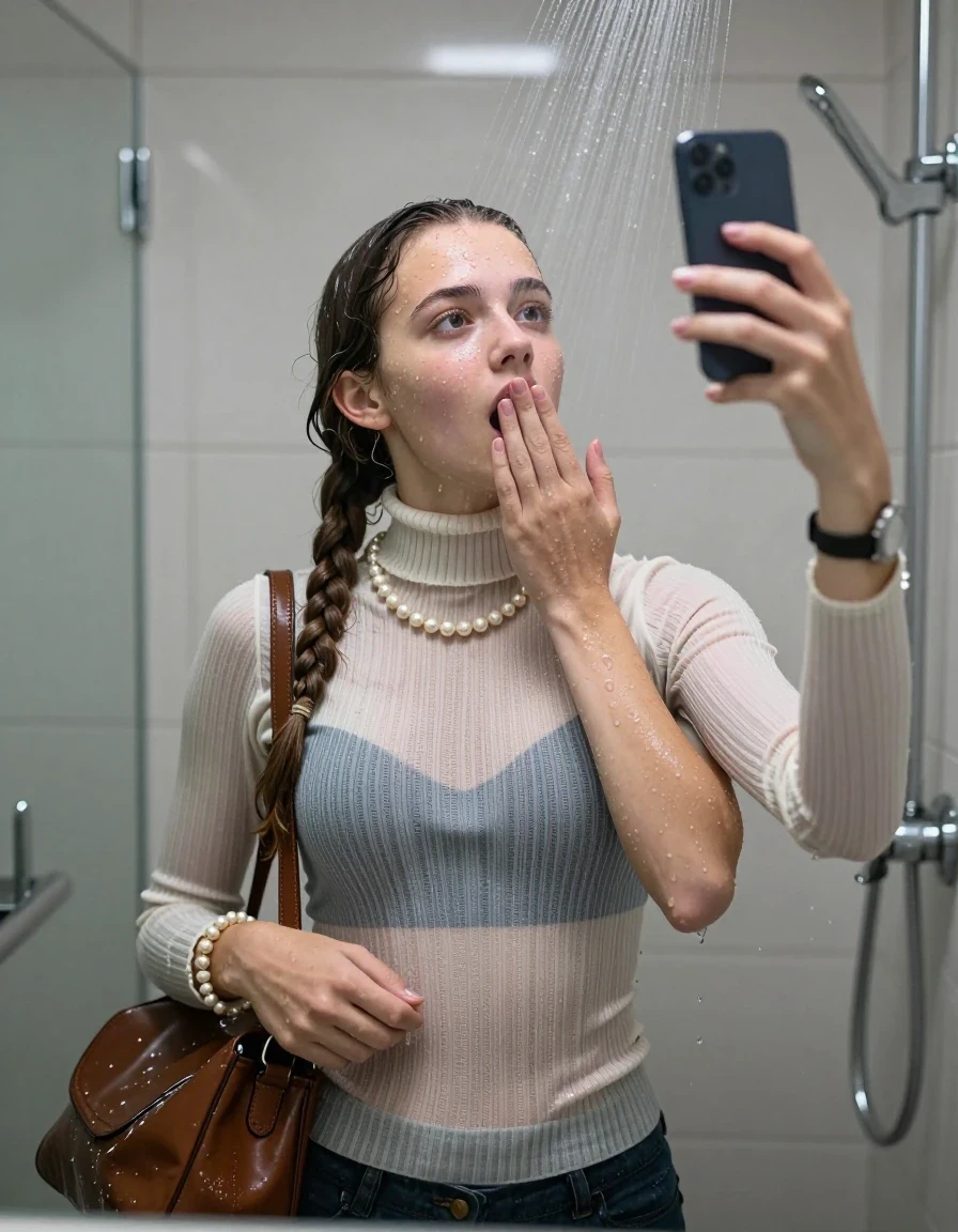 photo of young woman, in soaking wet, drenched clothes,
, ,  tight striped knit turtleneck sweater belly free, handbag, pearl necklace, bracelet, wristwatch, Under the shower, strong jet of water, modern mirrored bathroom, 
enjoying, wet clothes stuck to body,
detailed textures of the wet clothes, wet face, wet plastered hair,
wet, drenched, professional, high-quality details, full body view.
sharp focus, ultra-high pixel detail, realistic, high-quality, full colors, incredibly detailed, 4k, 8k, 16k, hyper-realistic, RAW photo, masterpiece, ultra-detailed, professionally color graded, professional photograph, Two pigtails

15 years old  teenage girl

Only head and shoulders are over the surface visible. Open mouth, half closed eyes. Looking up. Take a Selfie with her smartphone. One Hand over her mouth.

she is completely underwater up to her neck, afraid and astonished expression. 

her submerged clothes are hardly vusible under water, she soaked her handbag into the water

close up view, wet skin, wet clothes, wet hair, damp fabric, water runs down the clothes, wet skin, wet clothes, damp fabric., wet skin, wet clothes, damp fabric, wet skin, wet clothes, damp fabric, wet skin, wet clothes, damp fabric, wet skin, wet clothes, damp fabric