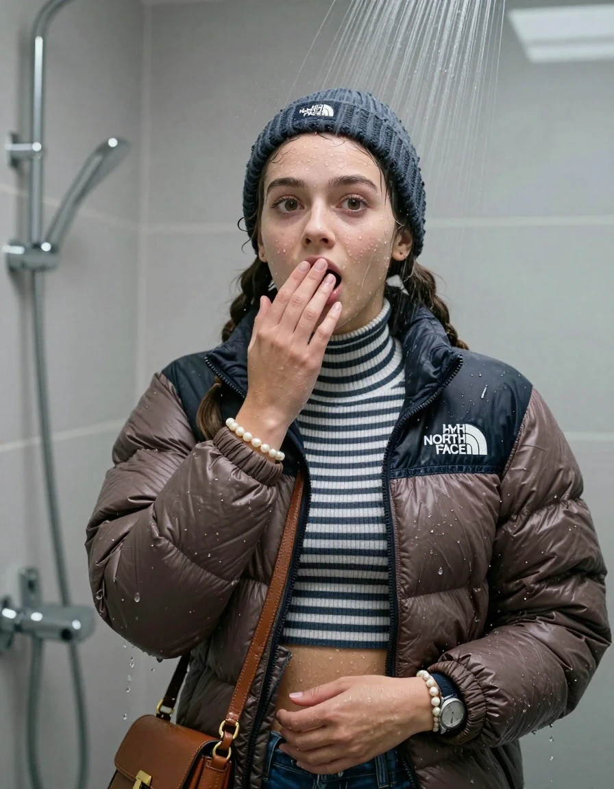 photo of young woman, in soaking wet, drenched clothes,
, , North face puffer down jacket, tight striped knit turtleneck sweater belly free, handbag, pearl necklace, bracelet, wristwatch, knitted north face hat, Under the shower, strong jet of water, modern mirrored bathroom, 
enjoying, wet clothes stuck to body,
detailed textures of the wet clothes, wet face, wet plastered hair,
wet, drenched, professional, high-quality details, full body view.
sharp focus, ultra-high pixel detail, realistic, high-quality, full colors, incredibly detailed, 4k, 8k, 16k, hyper-realistic, RAW photo, masterpiece, ultra-detailed, professionally color graded, professional photograph, Two pigtails

15 years old  teenage girl

Only head and shoulders are over the surface visible. Open mouth, big eyes. Looking at camera. Hold her hand on her mouth.

she is completely underwater up to her neck, afraid and astonished expression. 

her submerged clothes are hardly vusible under water, she soaked her handbag into the water

close up view, wet skin, wet clothes, wet hair, damp fabric, water runs down the clothes, wet skin, wet clothes, damp fabric., wet skin, wet clothes, damp fabric, wet skin, wet clothes, damp fabric, wet skin, wet clothes, damp fabric