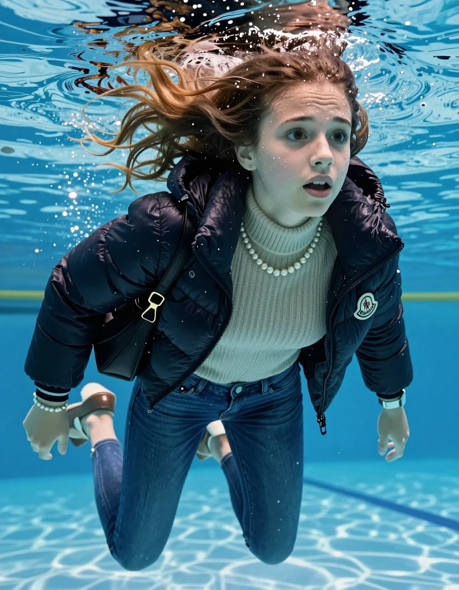 photo of young woman, in soaking wet, drenched clothes,
Heels, Completely soaked tight skinny jeans, Moncler shiny puffer down jacket, tight knit turtleneck sweater, shoulderbag, pearl necklace, bracelet, wristwatch , Swimming underwater in swimming pool , 
enjoying, wet clothes stuck to body,
detailed textures of the wet clothes, wet face, wet plastered hair,
wet, drenched, professional, high-quality details, full body view.
sharp focus, ultra-high pixel detail, realistic, high-quality, full colors, incredibly detailed, 4k, 8k, 16k, hyper-realistic, RAW photo, masterpiece, ultra-detailed, professionally color graded, professional photograph, Sleek long straight hair

15 years old  teenage girl

Looking slightly away.

she is completely underwater up to her neck, afraid and astonished expression. 

her submerged clothes are hardly vusible under water, she soaked her handbag into the water

close up view, wet skin, wet clothes, wet hair, damp fabric, water runs down the clothes, wet skin, wet clothes, damp fabric, wet skin, wet clothes, damp fabric, wet skin, wet clothes, damp fabric, wet skin, wet clothes, damp fabric, wet skin, wet clothes, damp fabric, wet skin, wet clothes, damp fabric, wet skin, wet clothes, damp fabric, wet skin, wet clothes, damp fabric, wet skin, wet clothes, damp fabric, wet skin, wet clothes, damp fabric, wet skin, wet clothes, damp fabric, wet skin, wet clothes, damp fabric, wet skin, wet clothes, damp fabric, wet skin, wet clothes, damp fabric, wet skin, wet clothes, damp fabric, wet skin, wet clothes, damp fabric, wet skin, wet clothes, damp fabric, wet skin, wet clothes, damp fabric, wet skin, wet clothes, damp fabric