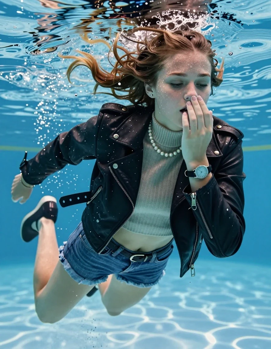 photo of young woman, in soaking wet, drenched clothes,
Heels, mini denim Short, Black biker leatherjacket, tight knit turtleneck sweater belly free, shoulderbag, pearl necklace, bracelet, wristwatch , Swimming half submerged underwater in swimming pool , 
enjoying, wet clothes stuck to body,
detailed textures of the wet clothes, wet face, wet plastered hair,
wet, drenched, professional, high-quality details, full body view.
sharp focus, ultra-high pixel detail, realistic, high-quality, full colors, incredibly detailed, 4k, 8k, 16k, hyper-realistic, RAW photo, masterpiece, ultra-detailed, professionally color graded, professional photograph, Two sleek long braids

15 years old  teenage girl

Covers her nose with her fingers. Looking slightly away. Open mouth, closed eyes.

she is completely underwater up to her neck, afraid and astonished expression. 

Swimming movements with Arms and legs. Breast swimming.

her submerged clothes are hardly vusible under water, she soaked her handbag into the water

close up view, wet skin, wet clothes, wet hair, damp fabric, water runs down the clothes, wet skin, wet clothes, damp fabric, wet skin, wet clothes, damp fabric, wet skin, wet clothes, damp fabric, wet skin, wet clothes, damp fabric, wet skin, wet clothes, damp fabric, wet skin, wet clothes, damp fabric, wet skin, wet clothes, damp fabric, wet skin, wet clothes, damp fabric, wet skin, wet clothes, damp fabric, wet skin, wet clothes, damp fabric, wet skin, wet clothes, damp fabric, wet skin, wet clothes, damp fabric, wet skin, wet clothes, damp fabric, wet skin, wet clothes, damp fabric, wet skin, wet clothes, damp fabric, wet skin, wet clothes, damp fabric, wet skin, wet clothes, damp fabric, wet skin, wet clothes, damp fabric, wet skin, wet clothes, damp fabric, wet skin, wet clothes, damp fabric, wet skin, wet clothes, damp fabric, wet skin, wet clothes, damp fabric