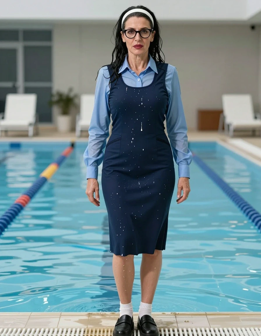 photo of young woman, in soaking wet, drenched clothes,
black shoes, white socks, school uniform with maxi dark blue school tight dress with two pockets and blue shirt with long sleeves, school uniform with maxi dark blue school tight dress with two pockets and blue shirt with long sleeves,  after swiming in pool, enjoying wet clothes stuck body, enjoying, wet clothes stuck to body, 
enjoying, wet clothes stuck to body,
detailed textures of the wet clothes, wet face, wet plastered hair,
wet, drenched, professional, high-quality details, full body view.
sharp focus, ultra-high pixel detail, realistic, high-quality, full colors, incredibly detailed, 4k, 8k, 16k, hyper-realistic, RAW photo, masterpiece, ultra-detailed, professionally color graded, professional photograph, europen brunette skinny woman 50 years old, long dark black hair, very big and thick lips,  office glasses, white headband, complete body, wet skin, wet clothes, damp fabric, wet skin, wet clothes, damp fabric, wet skin, wet clothes, damp fabric, wet skin, wet clothes, damp fabric, wet skin, wet clothes, damp fabric