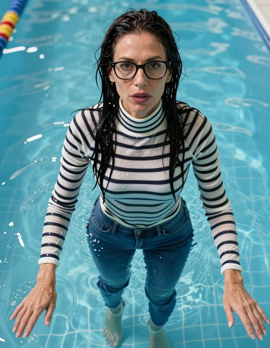 photo of young woman, in soaking wet, drenched clothes,
shoes, long blue jeans, white & black striped high-neck sweater with long sleeves, Swimming half submerged underwater in swimming pool, enjoying wet clothes stuck body, enjoying, wet clothes stuck to body, 
enjoying, wet clothes stuck to body,
detailed textures of the wet clothes, wet face, wet plastered hair,
wet, drenched, professional, high-quality details, full body view.
sharp focus, ultra-high pixel detail, realistic, high-quality, full colors, incredibly detailed, 4k, 8k, 16k, hyper-realistic, RAW photo, masterpiece, ultra-detailed, professionally color graded, professional photograph, europen brunette skinny woman 50 years old, long dark black hair, very big and thick lips,  office glasses, complete body, wet skin, wet clothes, damp fabric, wet skin, wet clothes, damp fabric, wet skin, wet clothes, damp fabric, wet skin, wet clothes, damp fabric, wet skin, wet clothes, damp fabric