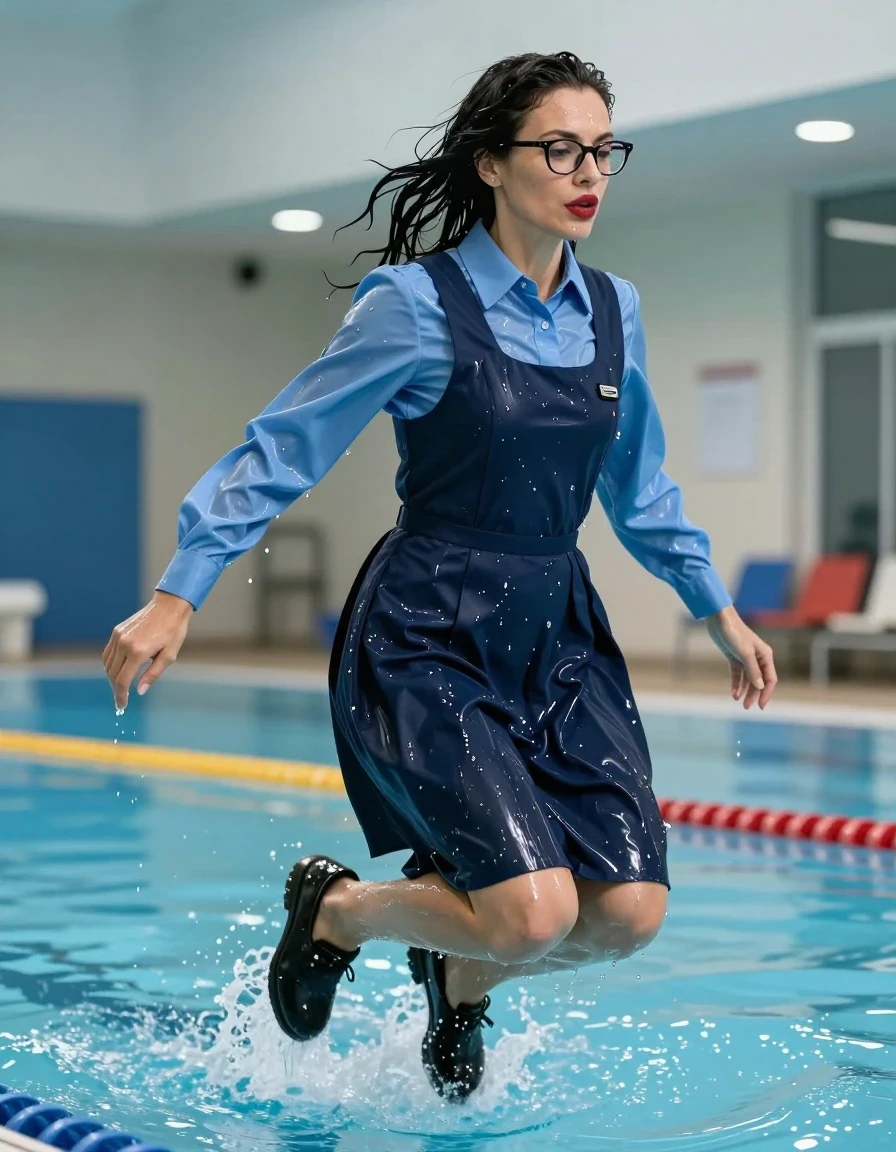 photo of young woman, in soaking wet, drenched clothes,
shoes, school uniform with maxi dark blue school pinafore and blue shirt with long sleeves, school uniform with maxi dark blue school pinafore and blue shirt with long sleeves, jump in indoor swimming pool, enjoying wet clothes stuck body, enjoying, wet clothes stuck to body, 
enjoying, wet clothes stuck to body,
detailed textures of the wet clothes, wet face, wet plastered hair,
wet, drenched, professional, high-quality details, full body view.
sharp focus, ultra-high pixel detail, realistic, high-quality, full colors, incredibly detailed, 4k, 8k, 16k, hyper-realistic, RAW photo, masterpiece, ultra-detailed, professionally color graded, professional photograph, europen brunette skinny woman 50 years old, long dark black hair, very big and thick lips,  office glasses, complete body, wet skin, wet clothes, damp fabric, wet skin, wet clothes, damp fabric, wet skin, wet clothes, damp fabric, wet skin, wet clothes, damp fabric, wet skin, wet clothes, damp fabric