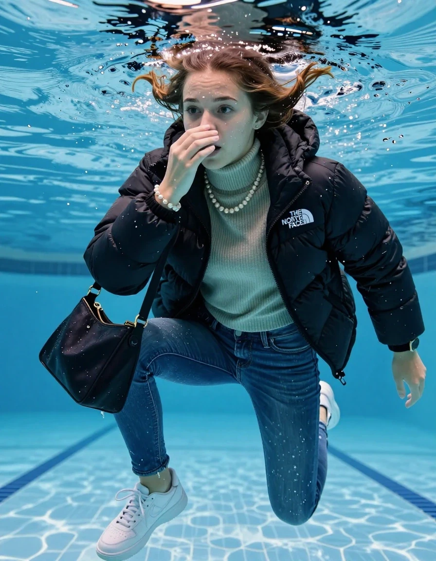 photo of young woman, in soaking wet, drenched clothes,
White sneakers , Completely soaked tight skinny jeans,  North face black puffer down jacket, tight knit turtleneck sweater, shoulderbag, pearl necklace, bracelet, wristwatch , Swimming half submerged underwater in swimming pool , 
enjoying, wet clothes stuck to body,
detailed textures of the wet clothes, wet face, wet plastered hair,
wet, drenched, professional, high-quality details, full body view.
sharp focus, ultra-high pixel detail, realistic, high-quality, full colors, incredibly detailed, 4k, 8k, 16k, hyper-realistic, RAW photo, masterpiece, ultra-detailed, professionally color graded, professional photograph, Two sleek long braids

15 years old  teenage girl

Hold her hand over her nose. Looking slightly away. 

she is completely underwater up to her neck, afraid and astonished expression. 

Swimming movements with Arms and legs. Breast swimming.

her submerged clothes are hardly vusible under water, she soaked her handbag into the water

close up view, wet skin, wet clothes, wet hair, damp fabric, water runs down the clothes, wet skin, wet clothes, damp fabric, wet skin, wet clothes, damp fabric, wet skin, wet clothes, damp fabric, wet skin, wet clothes, damp fabric, wet skin, wet clothes, damp fabric, wet skin, wet clothes, damp fabric, wet skin, wet clothes, damp fabric, wet skin, wet clothes, damp fabric, wet skin, wet clothes, damp fabric, wet skin, wet clothes, damp fabric, wet skin, wet clothes, damp fabric, wet skin, wet clothes, damp fabric, wet skin, wet clothes, damp fabric, wet skin, wet clothes, damp fabric, wet skin, wet clothes, damp fabric, wet skin, wet clothes, damp fabric, wet skin, wet clothes, damp fabric, wet skin, wet clothes, damp fabric, wet skin, wet clothes, damp fabric, wet skin, wet clothes, damp fabric