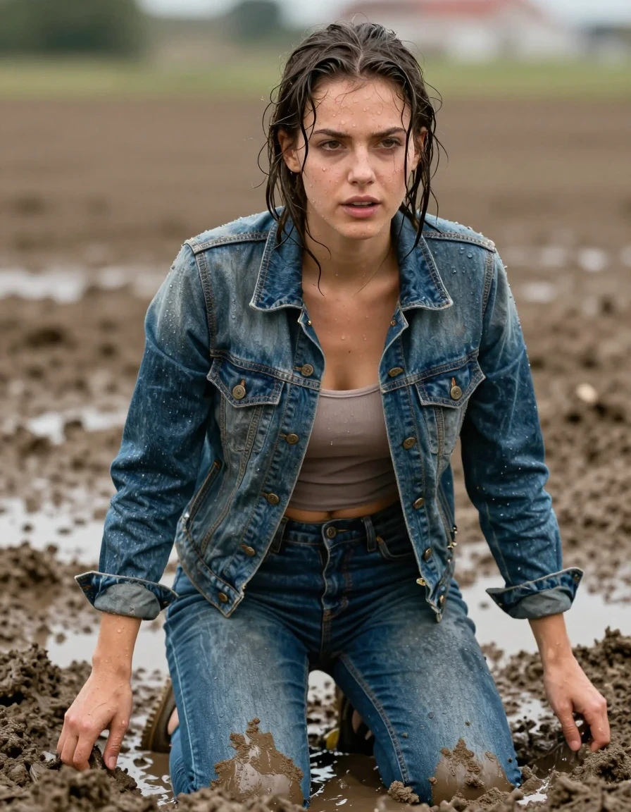 photo of young woman, in soaking wet, drenched clothes,
Jeans, Denim jacket, Mud pit, 
enjoying, wet clothes stuck to body,
detailed textures of the wet clothes, wet face, wet plastered hair,
wet, drenched, professional, high-quality details, full body view.
sharp focus, ultra-high pixel detail, realistic, high-quality, full colors, incredibly detailed, 4k, 8k, 16k, hyper-realistic, RAW photo, masterpiece, ultra-detailed, professionally color graded, professional photograph, wet skin, wet clothes, damp fabric