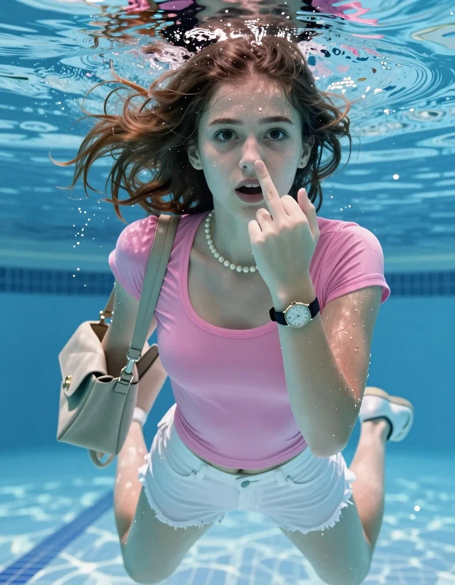 photo of young woman, in soaking wet, drenched clothes,
Heels, White mini , tight pink sexy tshirt with wide neckline belly free, shoulderbag, pearl necklace, bracelet, wristwatch , Swimming underwater in swimming pool, only head is visible over surface, 
enjoying, wet clothes stuck to body,
detailed textures of the wet clothes, wet face, wet plastered hair,
wet, drenched, professional, high-quality details, full body view.
sharp focus, ultra-high pixel detail, realistic, high-quality, full colors, incredibly detailed, 4k, 8k, 16k, hyper-realistic, RAW photo, masterpiece, ultra-detailed, professionally color graded, professional photograph, sleek long straight hair 

15 years old  teenage girl

Covers her nose with one hand. Shows the middle finger with one hand. Looking slightly away. Open mouth, big eyes.

she is completely underwater up to her neck, afraid and astonished expression. 

Swimming movements with Arms and legs. Breast swimming.

her submerged clothes are hardly vusible under water, she soaked her handbag into the water

close up view, wet skin, wet clothes, wet hair, damp fabric, water runs down the clothes, wet skin, wet clothes, damp fabric, wet skin, wet clothes, damp fabric, wet skin, wet clothes, damp fabric, wet skin, wet clothes, damp fabric, wet skin, wet clothes, damp fabric, wet skin, wet clothes, damp fabric, wet skin, wet clothes, damp fabric, wet skin, wet clothes, damp fabric, wet skin, wet clothes, damp fabric, wet skin, wet clothes, damp fabric, wet skin, wet clothes, damp fabric, wet skin, wet clothes, damp fabric, wet skin, wet clothes, damp fabric, wet skin, wet clothes, damp fabric, wet skin, wet clothes, damp fabric, wet skin, wet clothes, damp fabric, wet skin, wet clothes, damp fabric, wet skin, wet clothes, damp fabric, wet skin, wet clothes, damp fabric, wet skin, wet clothes, damp fabric, wet skin, wet clothes, damp fabric, wet skin, wet clothes, damp fabric, wet skin, wet clothes, damp fabric, wet skin, wet clothes, damp fabric
