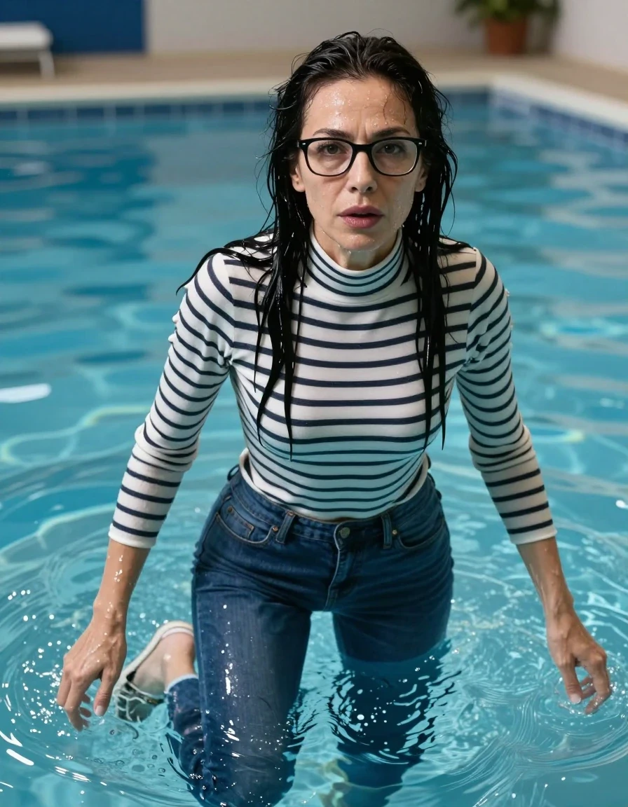 photo of young woman, in soaking wet, drenched clothes,
shoes, long blue jeans, white & black striped high-neck sweater with long sleeves, Swimming half submerged underwater in swimming pool, enjoying wet clothes stuck body, enjoying, wet clothes stuck to body, 
enjoying, wet clothes stuck to body,
detailed textures of the wet clothes, wet face, wet plastered hair,
wet, drenched, professional, high-quality details, full body view.
sharp focus, ultra-high pixel detail, realistic, high-quality, full colors, incredibly detailed, 4k, 8k, 16k, hyper-realistic, RAW photo, masterpiece, ultra-detailed, professionally color graded, professional photograph, europen brunette skinny woman 50 years old, long dark black hair, very big and thick lips,  office glasses, complete body, wet skin, wet clothes, damp fabric, wet skin, wet clothes, damp fabric, wet skin, wet clothes, damp fabric, wet skin, wet clothes, damp fabric, wet skin, wet clothes, damp fabric