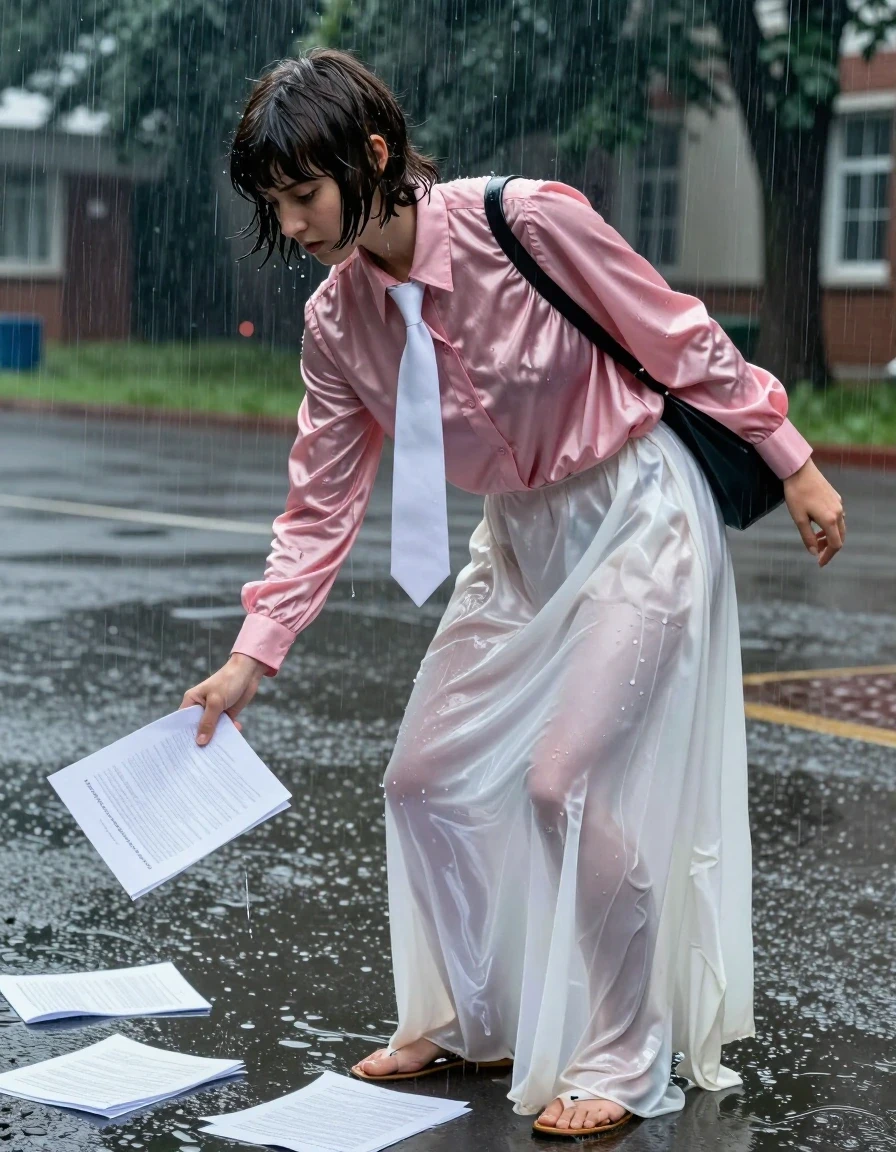 A photorealistic medium shot of a young adult European woman with a Beatles-style haircut, captured in a schoolyard during a torrential rainstorm. She is wearing an oversized pink long-sleeved satin blouse with a crisp white necktie; the fabric is heavily saturated, clinging to her skin, darkened by the rain, with deep folds and a high-gloss sheen. She wears a floor-length white silk skirt that is excessively long, dragging on the wet pavement, soaked through and translucent, heavy with water, and clinging to her legs. On her feet are simple sandals, visibly wet and slick. She is in a clumsy, awkward posture, hunched over while frantically gathering scattered test papers from a murky puddle, her bag slipping precariously off one shoulder. The environment is dark and moody with heavy rain streaks, puddles reflecting the gloomy sky, and wet asphalt textures. The lighting is cold and diffused, highlighting the wet skin, damp hair, and the clinging, water-logged texture of the silk and satin garments. High-resolution, sharp focus on textures, cinematic composition, hyper-realistic wetness.