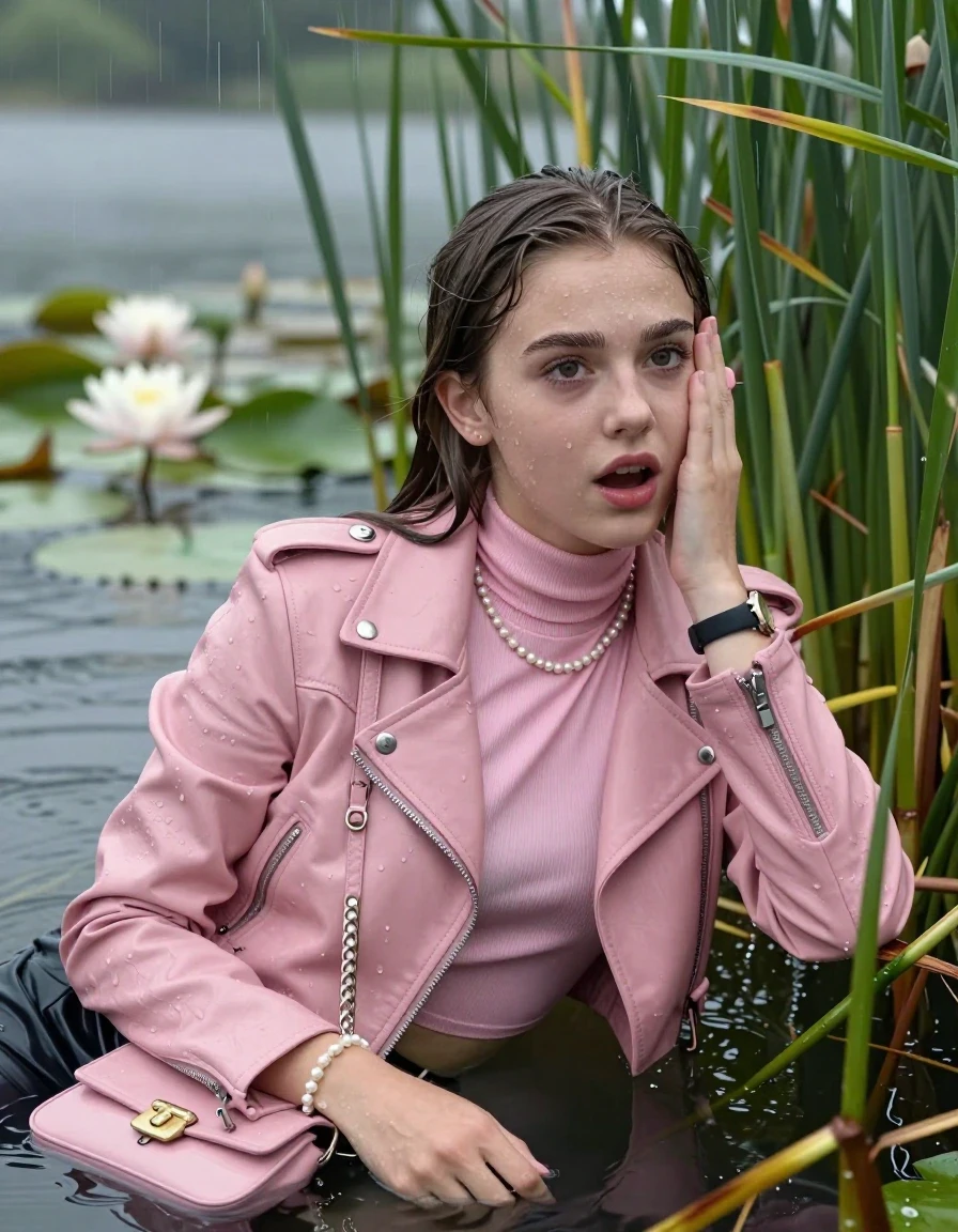 photo of young woman, in soaking wet, drenched clothes,
, , Light pink biker leatherjacket, tight turtleneck sweater with wide neckline belly free, handbag, pearl necklace, bracelet, wristwatch , Emerging after diving in a lake with water lilies and reeds, rain , 
enjoying, wet clothes stuck to body,
detailed textures of the wet clothes, wet face, wet plastered hair,
wet, drenched, professional, high-quality details, full body view.
sharp focus, ultra-high pixel detail, realistic, high-quality, full colors, incredibly detailed, 4k, 8k, 16k, hyper-realistic, RAW photo, masterpiece, ultra-detailed, professionally color graded, professional photograph, Sleek long straight hair

15 years old  teenage girl

Laying her breast on the surface.  Looking slightly away. Hold her hand on her face. Open mouth, big eyes.

she is completely underwater up to her neck, afraid and astonished expression. 

She hides in the reeds and is surprised by spectators

her submerged clothes are hardly vusible under water, she soaked her handbag into the water

close up view, wet skin, wet clothes, wet hair, damp fabric, water runs down the clothes, wet skin, wet clothes, damp fabric., wet skin, wet clothes, damp fabric, wet skin, wet clothes, damp fabric
