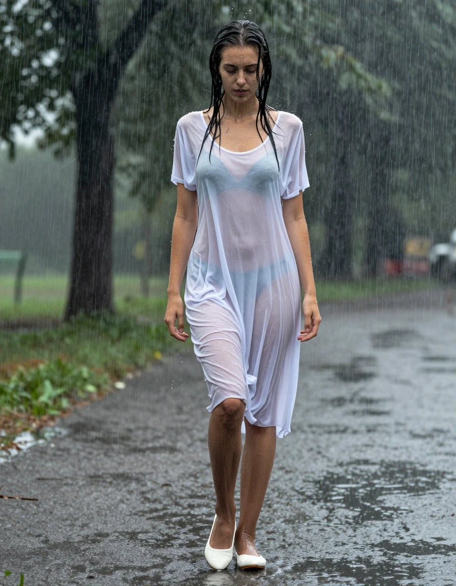 photo of young woman, in soaking wet, drenched clothes,
White Flats, brown Pantyhose,  , long white sheer summer dress, , 
enjoying, wet clothes stuck to body,
detailed textures of the wet clothes, wet face, wet plastered hair,
wet, drenched, professional, high-quality details, full body view.
sharp focus, ultra-high pixel detail, realistic, high-quality, full colors, incredibly detailed, 4k, 8k, 16k, hyper-realistic, RAW photo, masterpiece, ultra-detailed, professionally color graded, professional photograph, Extremely slender girl is standing in very heavy Rainstorm. She is completely soaked from head to toe. Water runs over her body, and the dress clings to her., wet skin, wet clothes, damp fabric